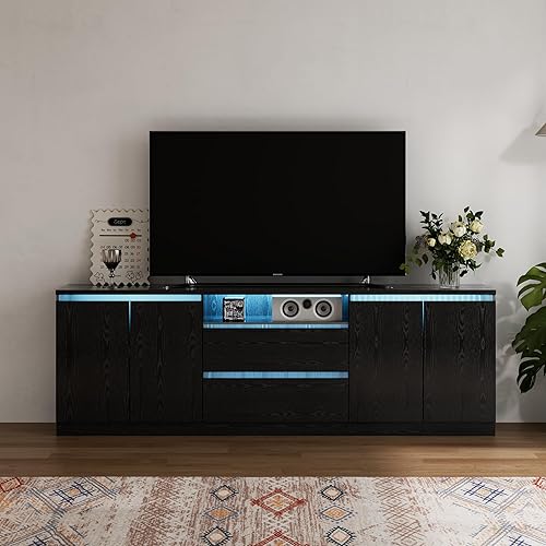 Miniatura 6 de Moderno soporte de TV para televisores de hasta 100 pulgadas, consola de TV LED, centro de entretenimiento largo con 2 cajones/2 gabinetes, soporte