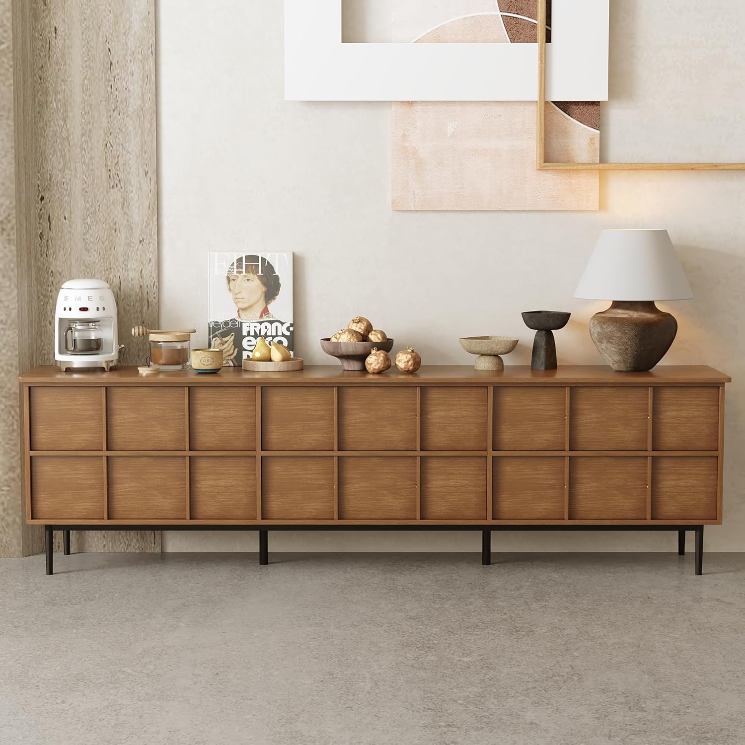 86.61" Modern Solid Wood Media Console, 6-Drawer Storage Sideboard with Multi-Layer Solid Wood Board Construction, Ideal for Living Rooms, Bedrooms & Entertainment Spaces