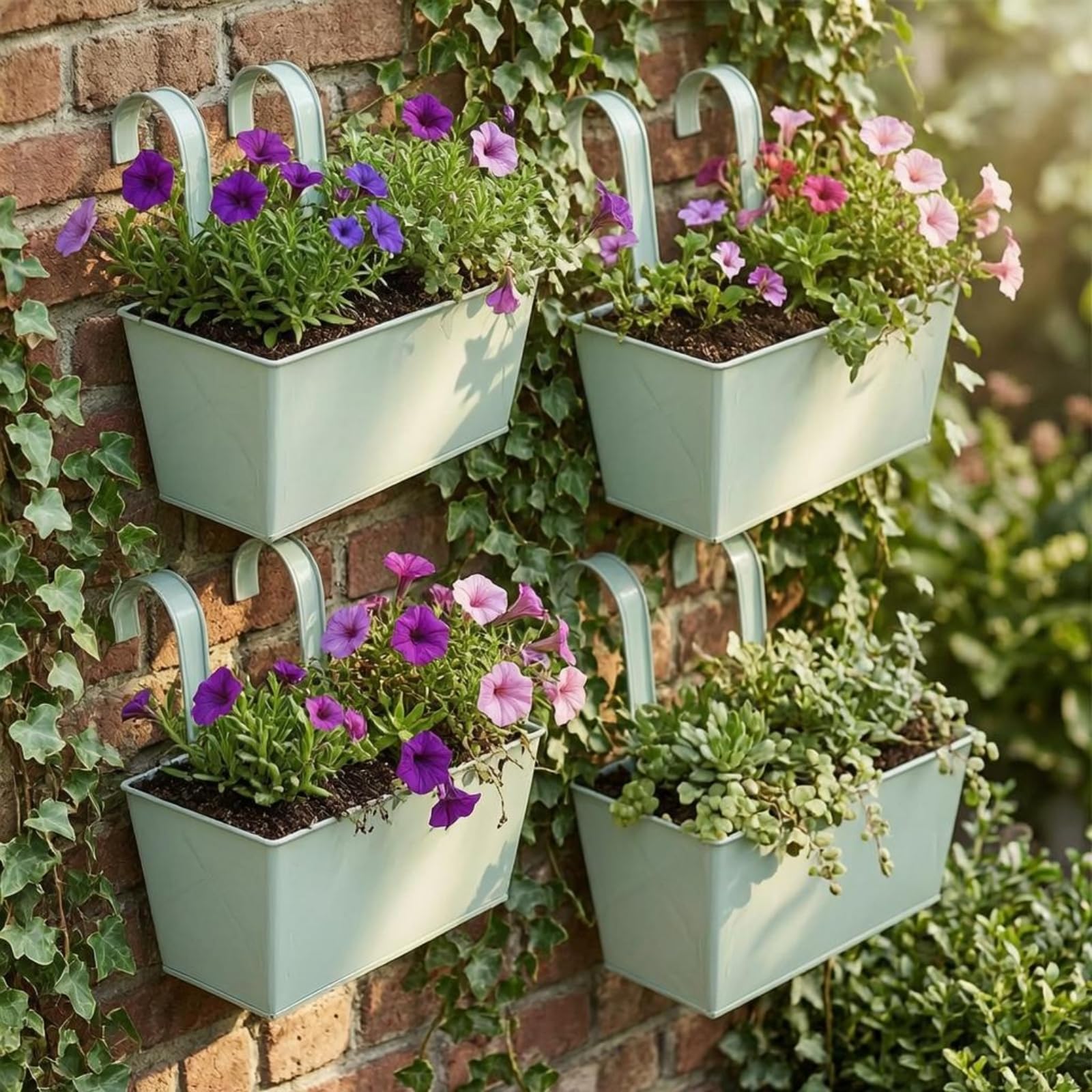 4 Pièces Jardinière Suspendue Pot de Fleurs Rectangulaire Crochet Robuste Fer Peint Finition Lisse Adapté pour Balcon Jardin Clôture, Violet Clair