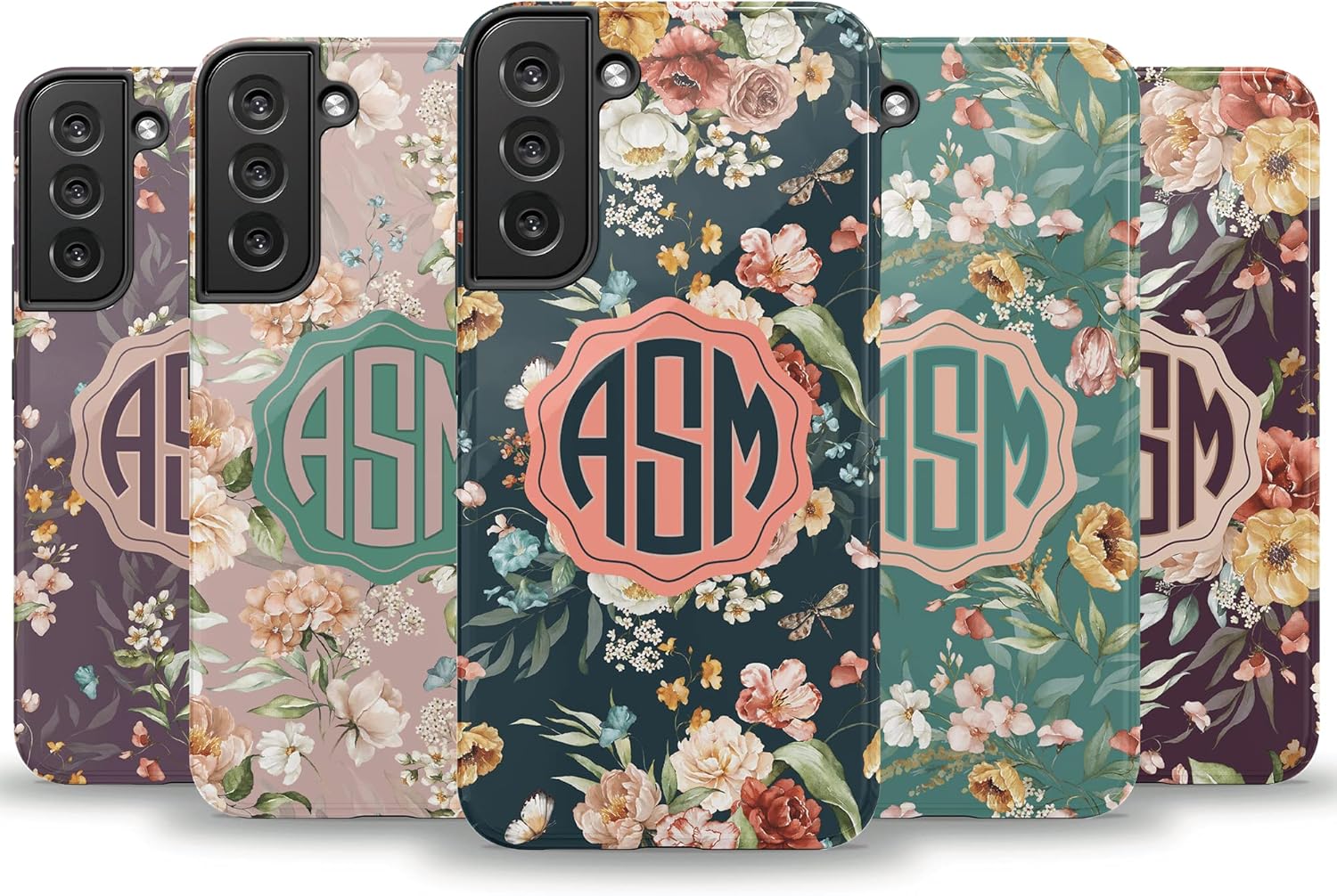 Custom Initials Monogram Botanical Floral Flowers Personalized Name Case, Compatible with Samsung Galaxy S26 Ultra, S25 Plus, S24, S23, S22, S21, S20