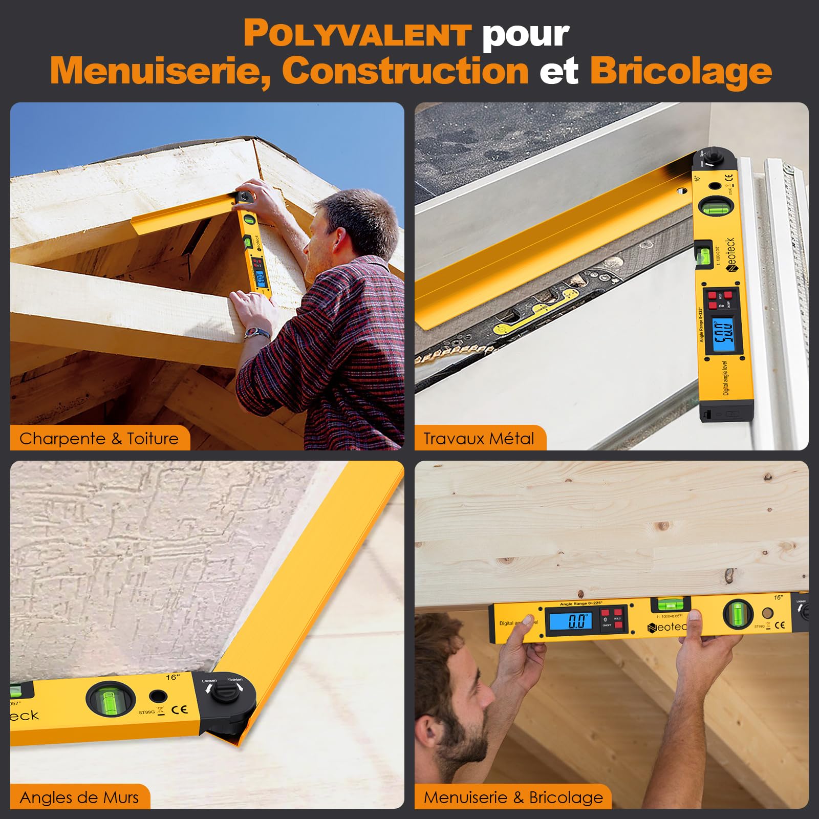 Neoteck 400mm / 16inch 0~225 ° Numérique Angle Finder Règle d'angle Horizontal NumériqueLCD Rétro-Éclairage Niveau Rapporteur avec Étui Portable pour Industrielles Restructuration du Travail Jaune
