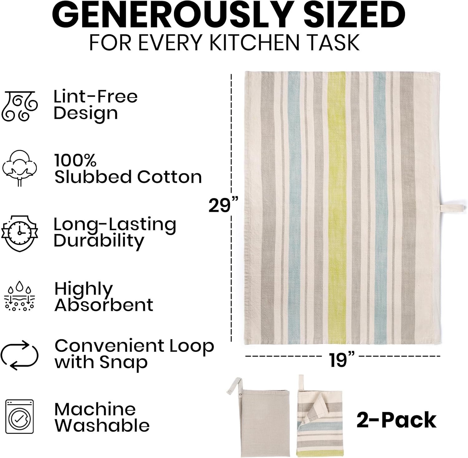 Railene Designs 100% Slubbed Cotton Kitchen Towels – Heavy-Duty, Super Absorbent, Lint-Free Dish Towels with Hanging Loop & Snap, 2-Pack (1 Striped, 1 Solid)