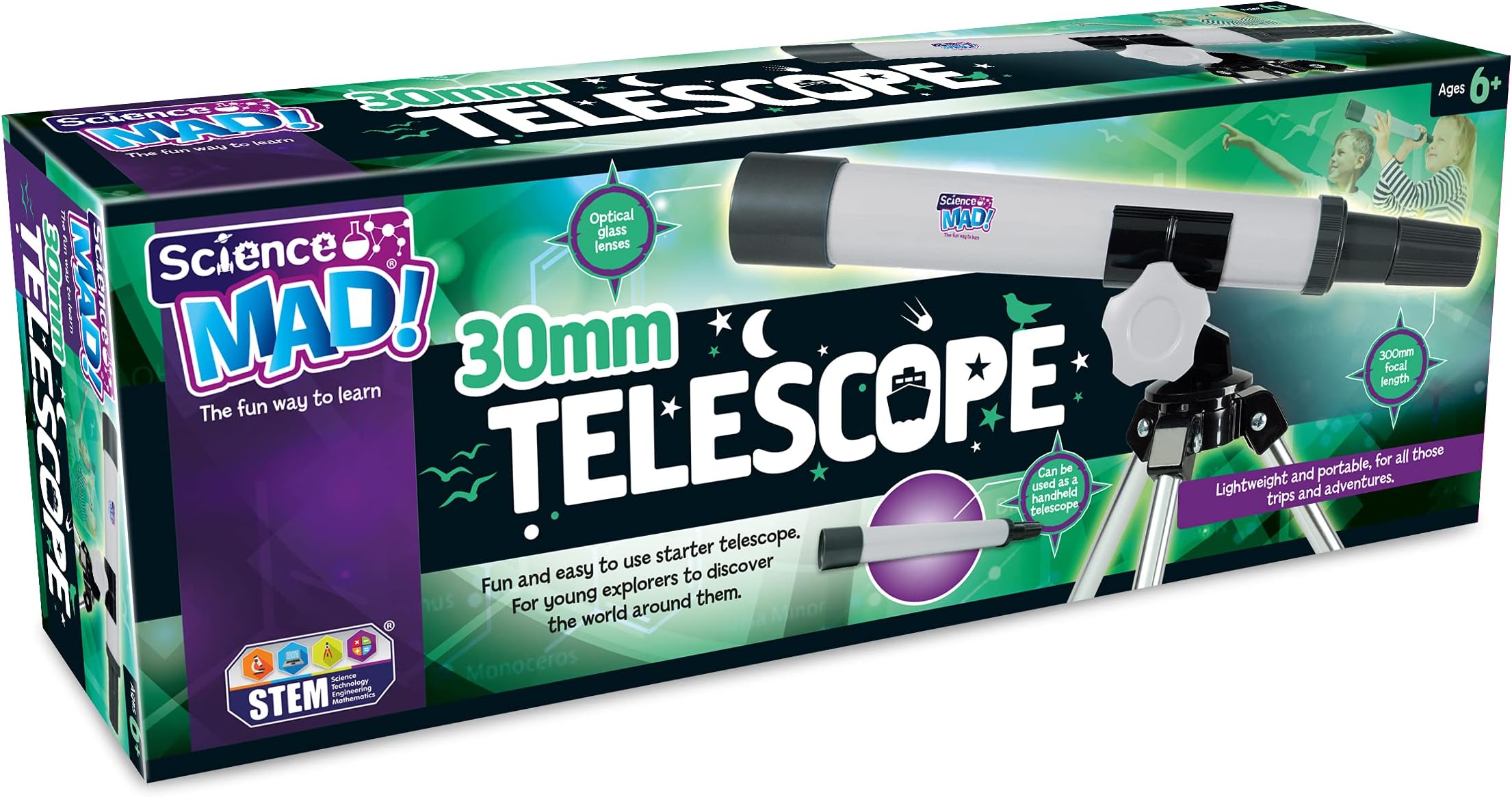 Science Mad - 30mm Telescope For Kids - Fun and Easy Starter Telescope to Help Learn and Discover The World - Features Portable, Lightweight, Handheld Scope Option, 6+ Years