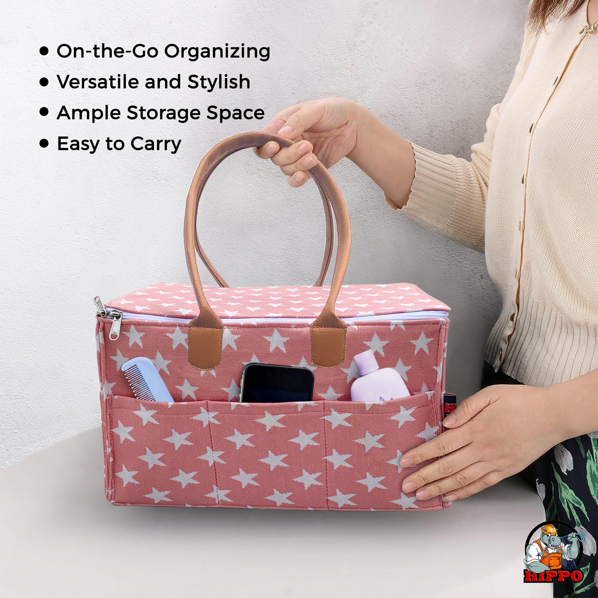 HIPPO Cute Diaper Caddy Bag With Lid Protection For Smart Mothers Baby Diaper Caddy Organizers Baby Wipes Felt Storage, Nursery, Foldable And Portable (Pink-Star, Large), Baby Products 3