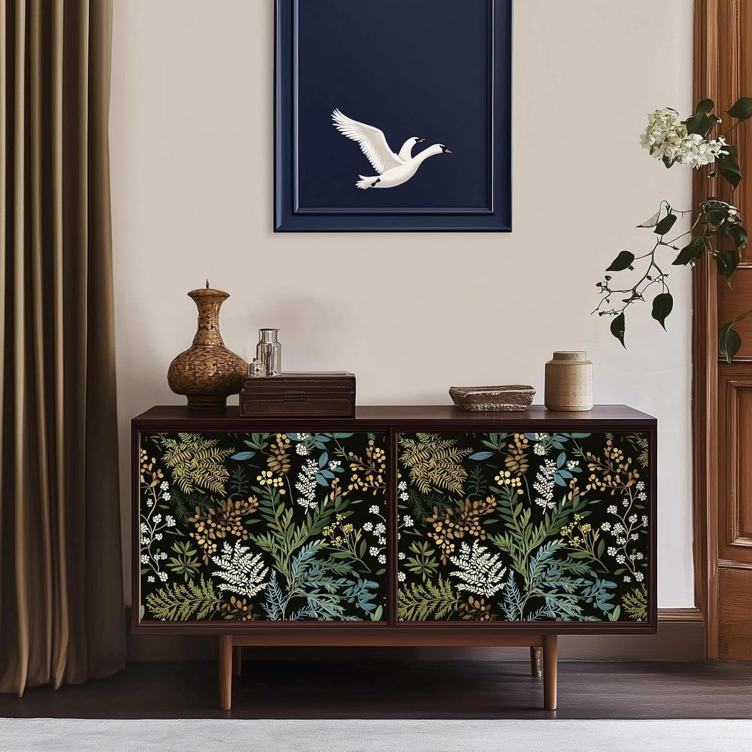 Peel and Stick Vintage Floral Wallpaper,17.3"x78.7" Boho Forest Leaves Fern Wall Paper for Bedroom Bathroom,Removable Renter Friendly Wallpaper,Shelf Liner Drawer Contact Paper,US04-2