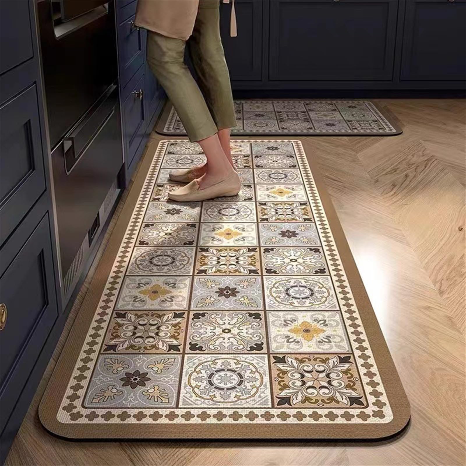 Highdi Water Absorption Kitchen Rug, Moroccan Style Kitchen Mat Door Mat, Thickness 2.5mm Non Slip Kitchen Mats Washable Kitchen Rugs, for Entryway,Laundry Room,Hallways (Light Brown,50x140cm)
