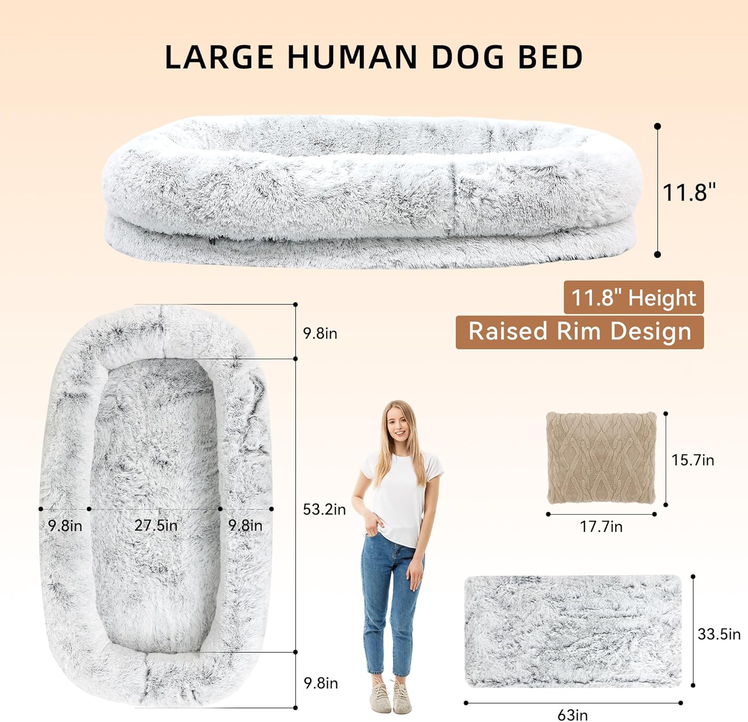 Human Dog Bed - 71''x45''x12'' Size Fits Adult and Pet Washable Giant People DogBed 10 CM Thick Memory Foam Large Oversize Dog Bed with Plump Pillow, Blanket, Strap - Grey