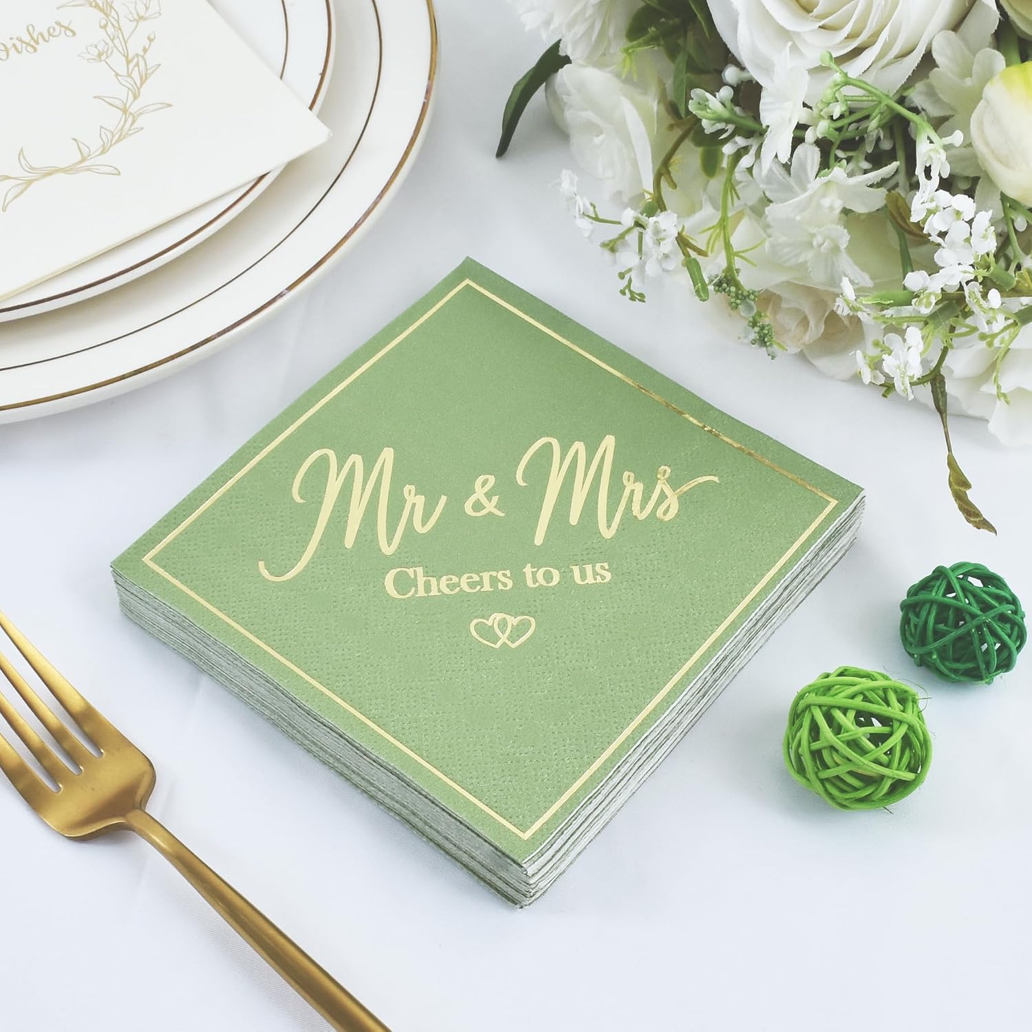 Vuzvuv Mr and Mrs Wedding Disposable Cocktail Napkins-Sage Green（52 Pack ） image 4