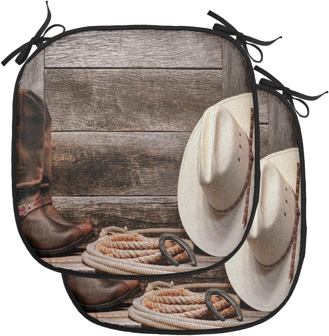 Lunarable Western Chair Cushion Pads Set of 2, American West Rodeo Traditional Straw Cowboy Hat Leather Boots Print, Anti-Slip Seat Padding for Kitchen & Patio, 16"x16", Tan and Brown