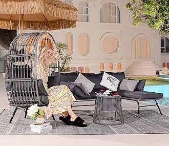 BULEXYARD 4 Piece Boho Outdoor Patio Furniture Sets with Egg Chair and Ice Bucket, Small L Shape Wicker Conversation Sectional Sofa Set for Backyard, Porch, Deck (Dark Grey)