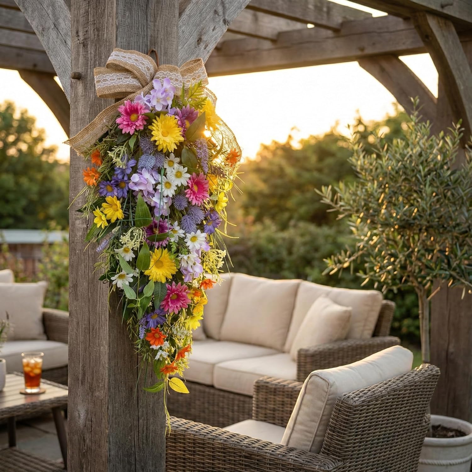 25 Inch Lighted Spring Summer Teardrop Swag with Timer Daisies Wildflower Burlap Bow Farmhouse Floral Decor for Front Door Wall - Image 4