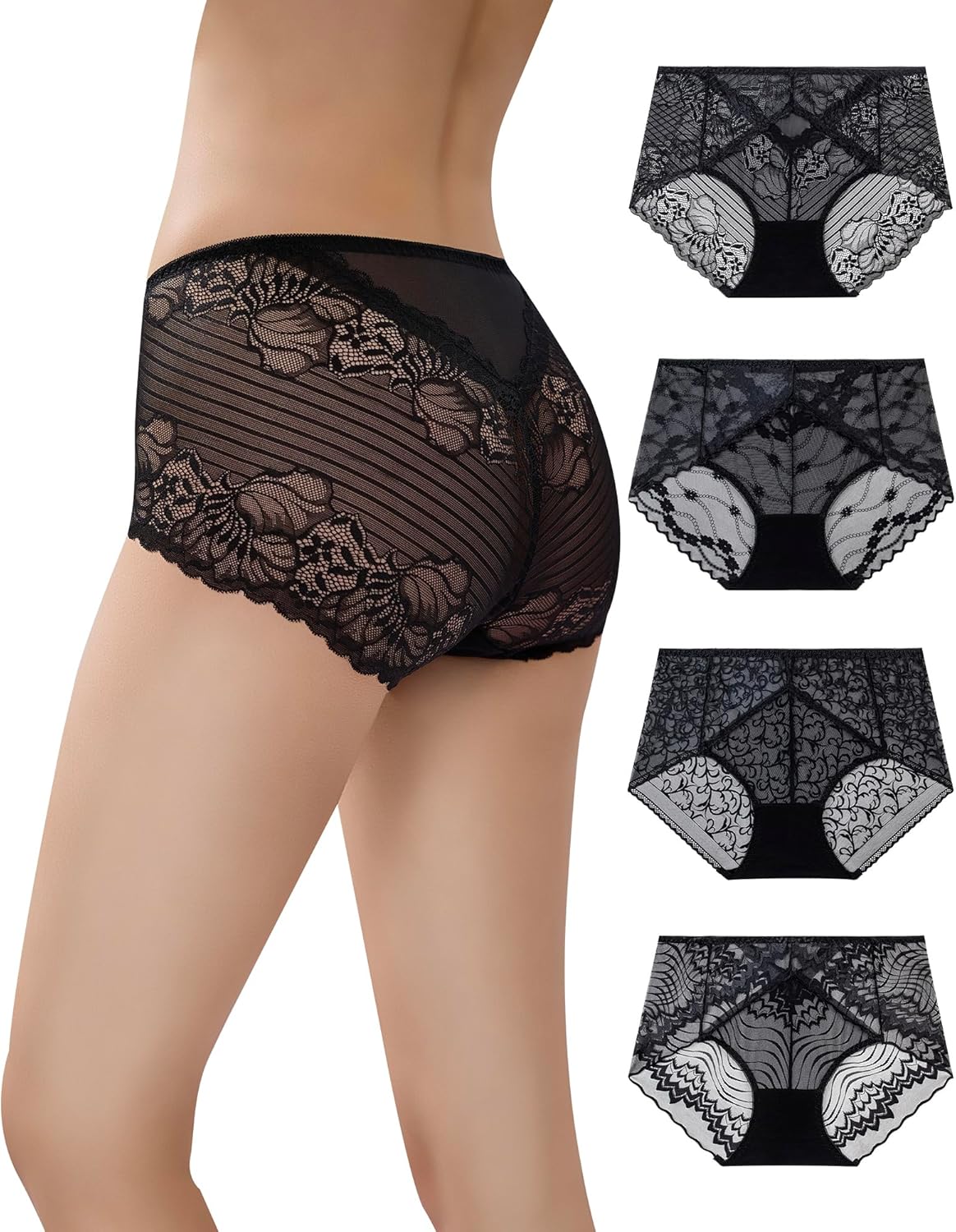 Women's Underwear 4-Pack Black Lace Hipster Panties, Assorted Styles for Everyday Comfort