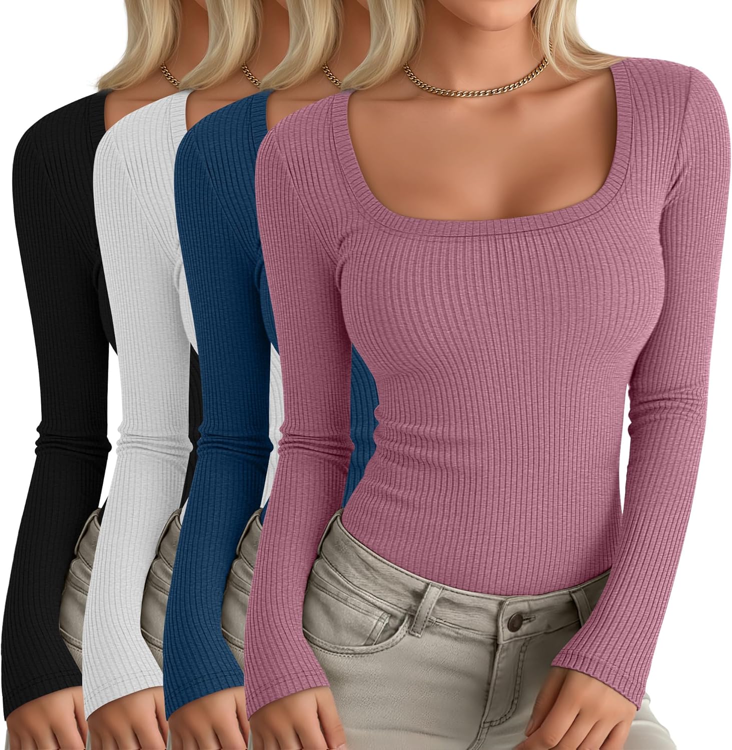 Oakgarden 4 Pack Women's Long Sleeve Shirts Scoop Neck Ribbed Knit Tops Casual Slim Fitted Cotton Tees Fall Basic T Shirts