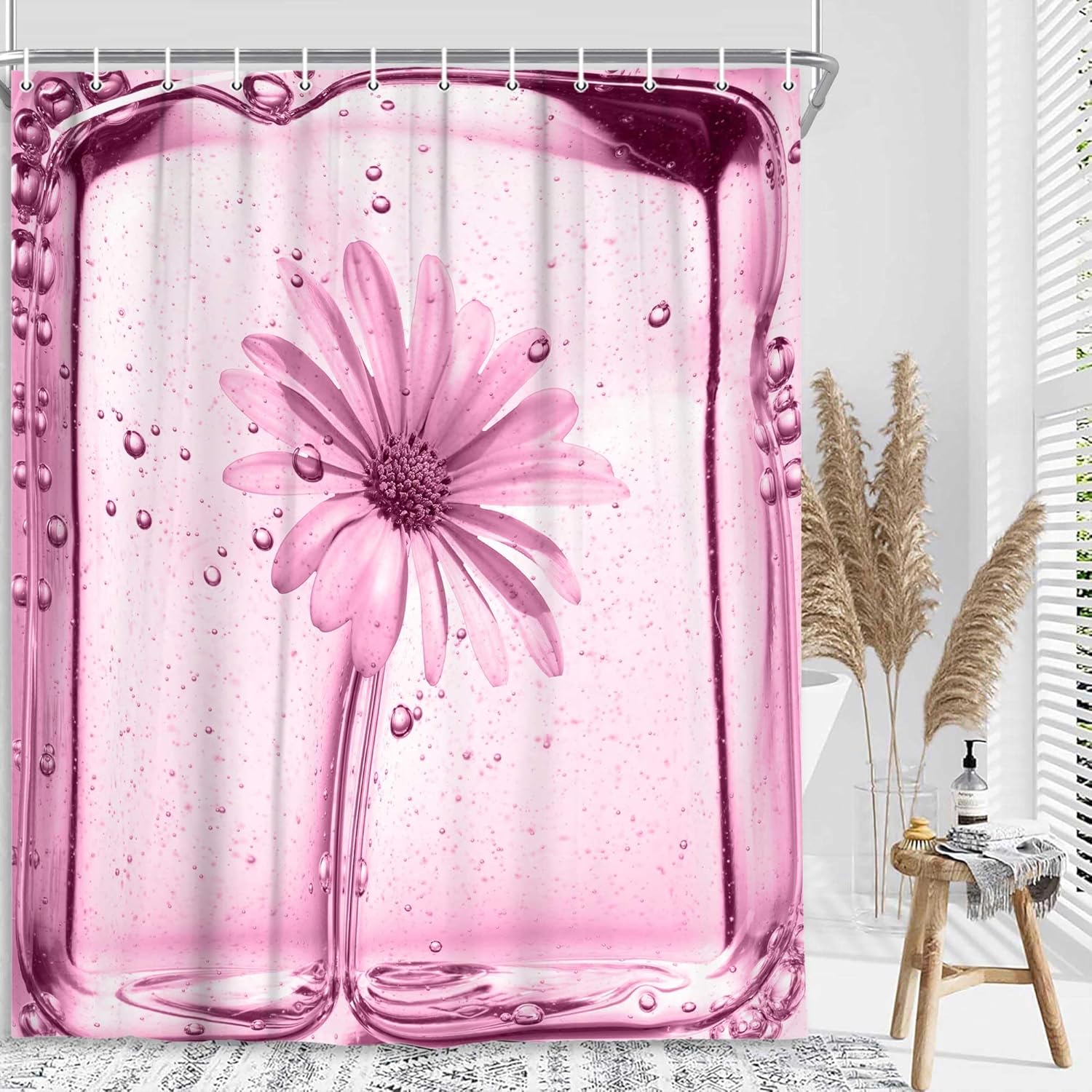 Blue Flower Shower Curtain, Spring Daisy Shower Curtain Set for Bathroom, Boho Abstract Bubble Floral in Water Fabric Shower Curtain Restroom Bathtub Decor Accessories with Hooks 69X 84 inch