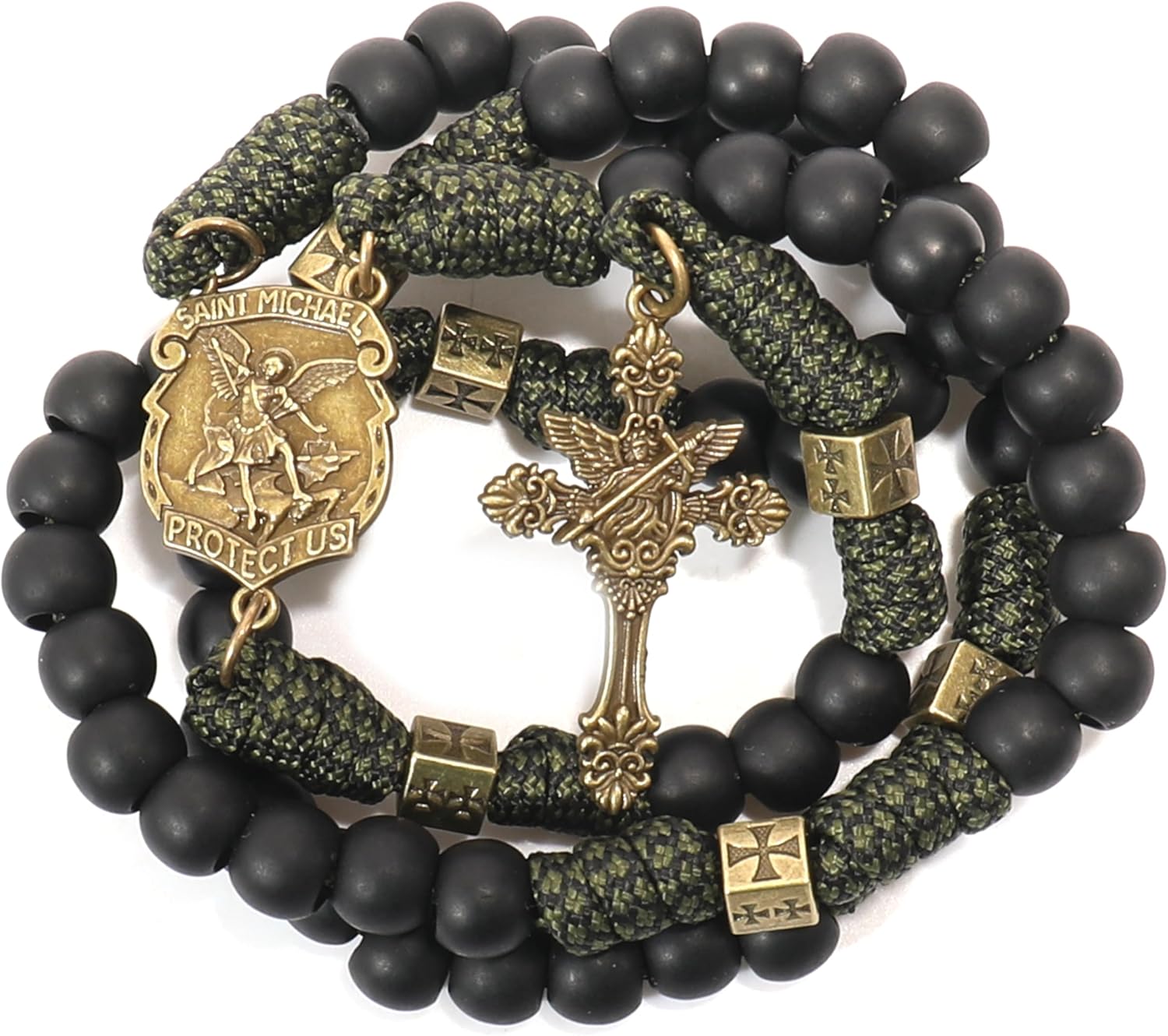 Nazareth Store Antique Bronze Metal Rugged Durable Paracord Rosary Necklace Black Matte Prayer Beads with Saint Medal and Crucifix