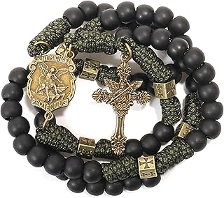 Antique Bronze Metal Rugged Durable Paracord Rosary Necklace Black Matte Prayer Beads with Saint Medal and Crucifix