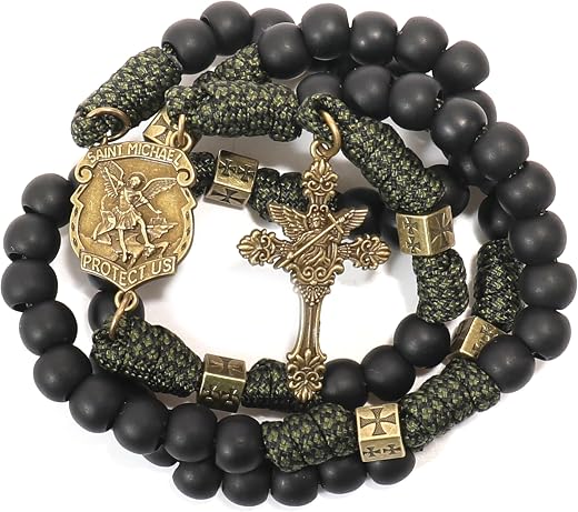 Nazareth Store Antique Bronze Metal Rugged Durable Paracord Rosary Necklace Black Matte Prayer Beads with Saint Medal and ...