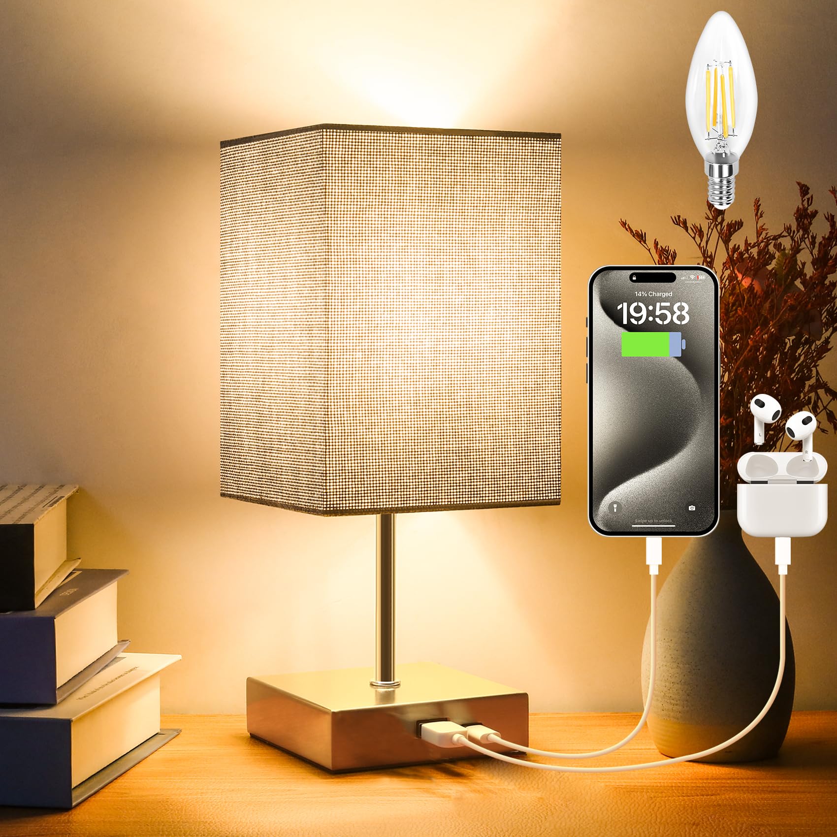 Totofac Touch Bedside Table Lamp, Touch Control Table Lamp with USB-C&USB-A Charging Ports, Lamps 3 Way Dimmable