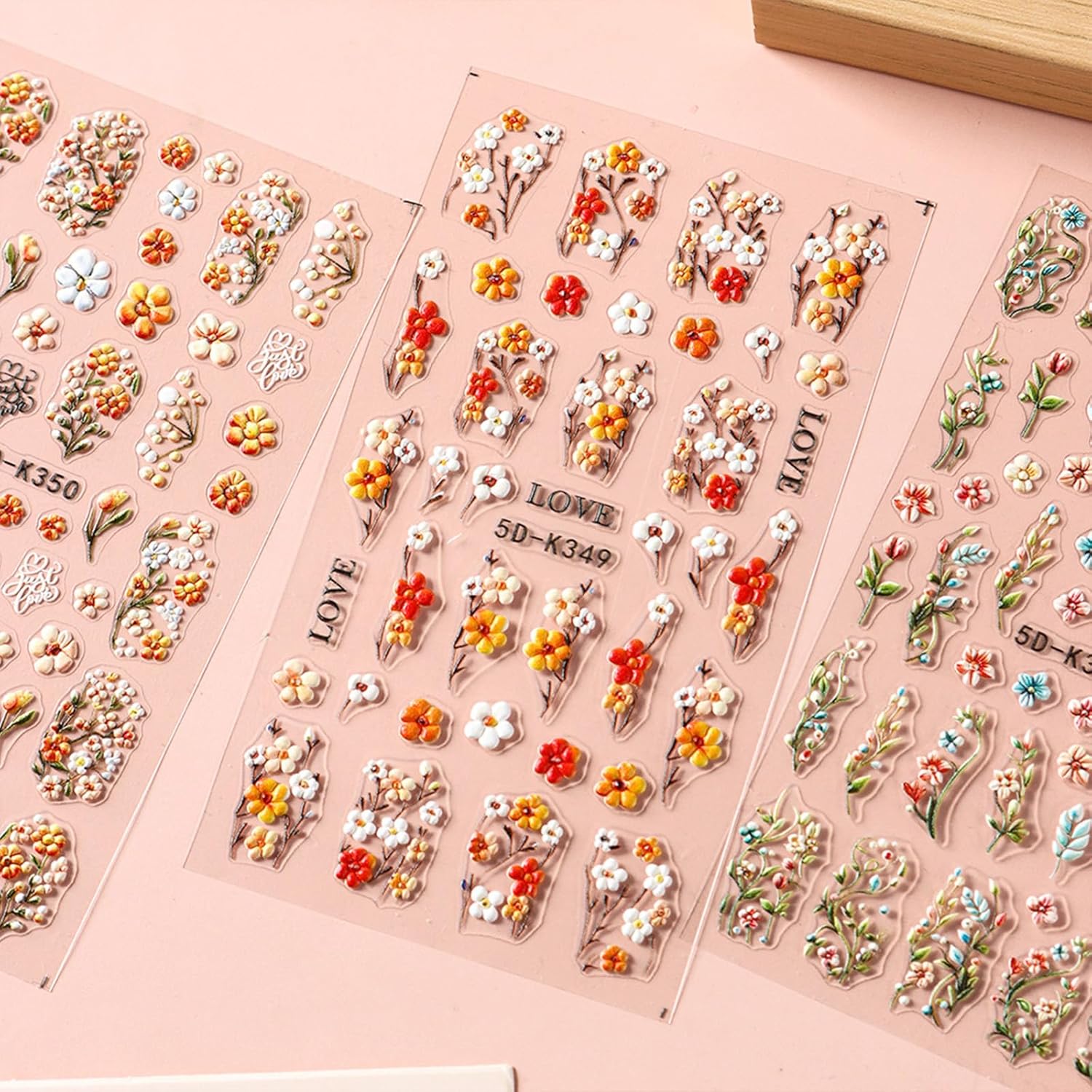 4 Sheets Elegant Spring Flower Nail Stickers for Nail Art Green Vine Leaf Nail Art Stickers with Tweezers Colorful Petal 5D Embossed Autumn Daisy Floral Nail Decals for Women Nails Decoration