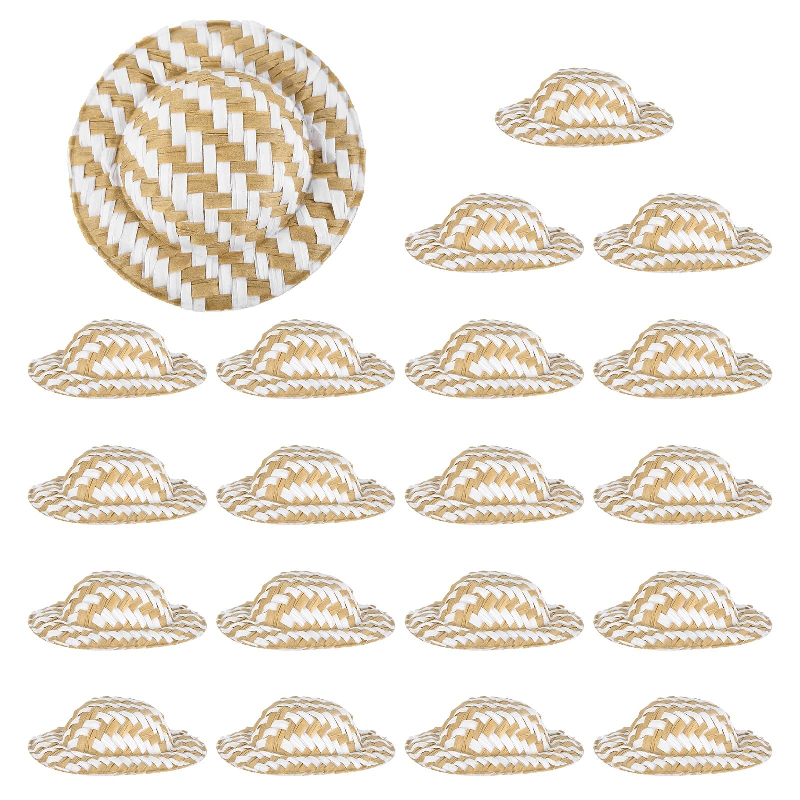 PATIKIL 20 Pcs Mini Straw Hats, 2 x 0.6 Inch Craft Doll Hats Miniature Ornaments Woven Caps for DIY Dollhouse Decoration Hair Accessories Snowman Weddings Party, Ripple Brown/White