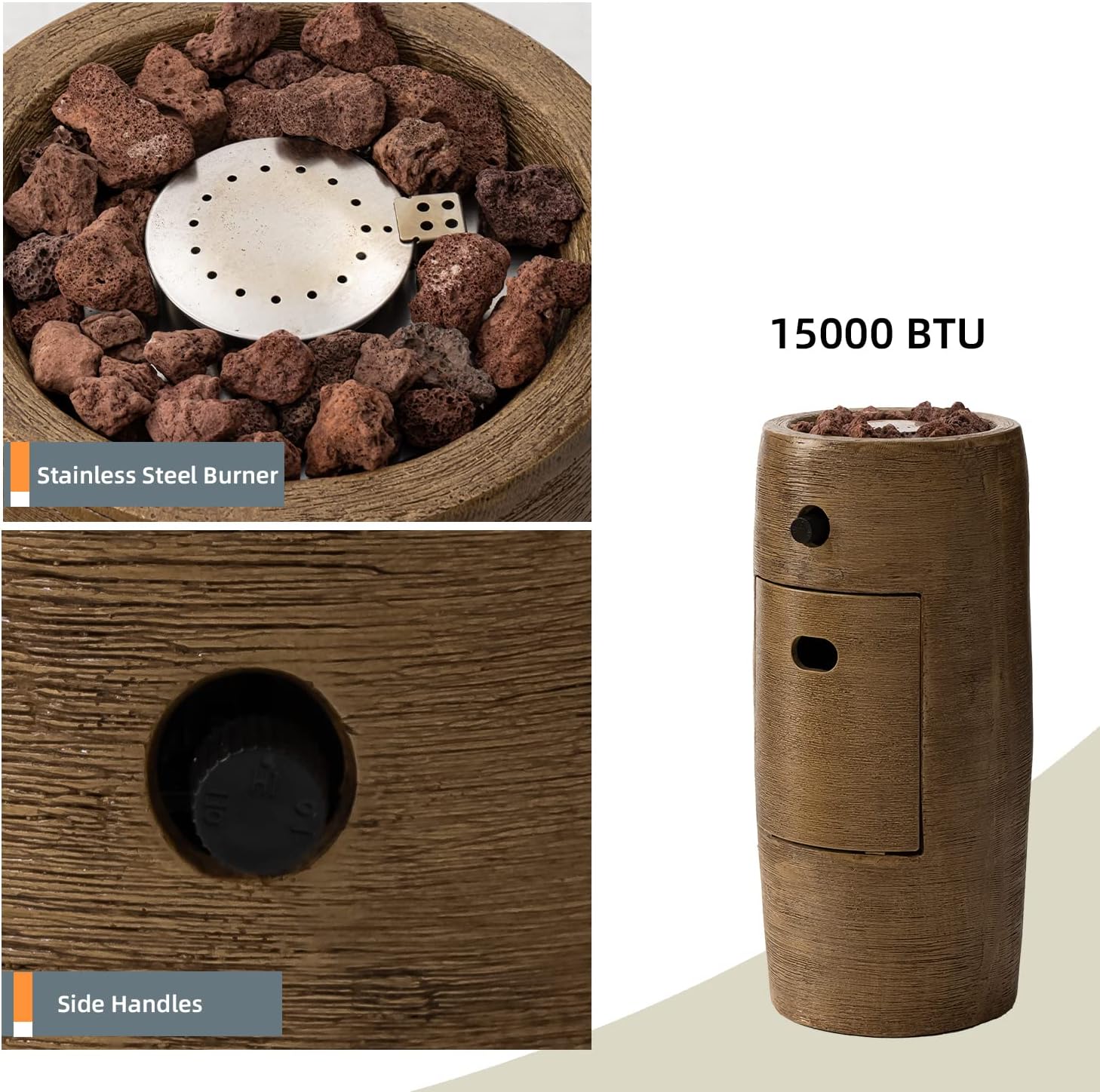 HOMPUS Propane Patio Fire Pit, Lava Rocks and Rain Cover for Outdoor Leisure Party,15,000 BTU 11-inch Round Column Small and Portable Concrete Gas Brown Fire Pit for Deck or Backyard, CSA Certified