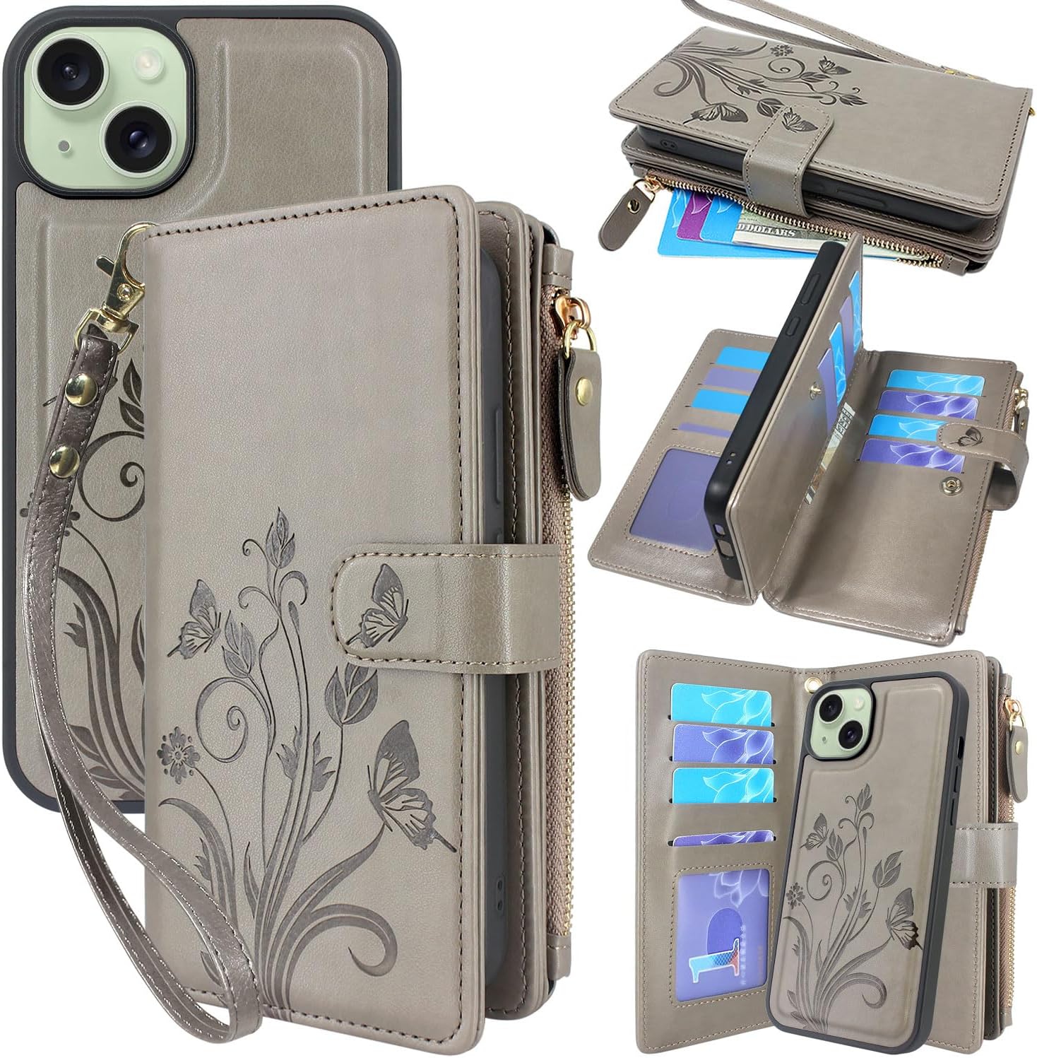 Lacass Case Compatible with iPhone 15 Plus /14 Plus, [ Card Slots] ID Credit Cash Holder Zipper Pocket Detachable Leather Cover with Wrist Strap Lanyard (Floral Gray)