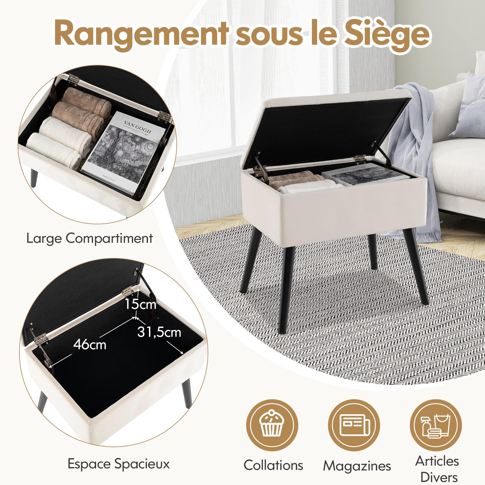 COSTWAY Tabouret Coiffeuse avec Rangement, Pouf Rangement en Velours, Pieds en Bois Massif, Siège Rembourré Rabattable, Banc Chaussures Entrée, pour Chambre Salon Coiffeuse, Charge 150 kg (Beige)