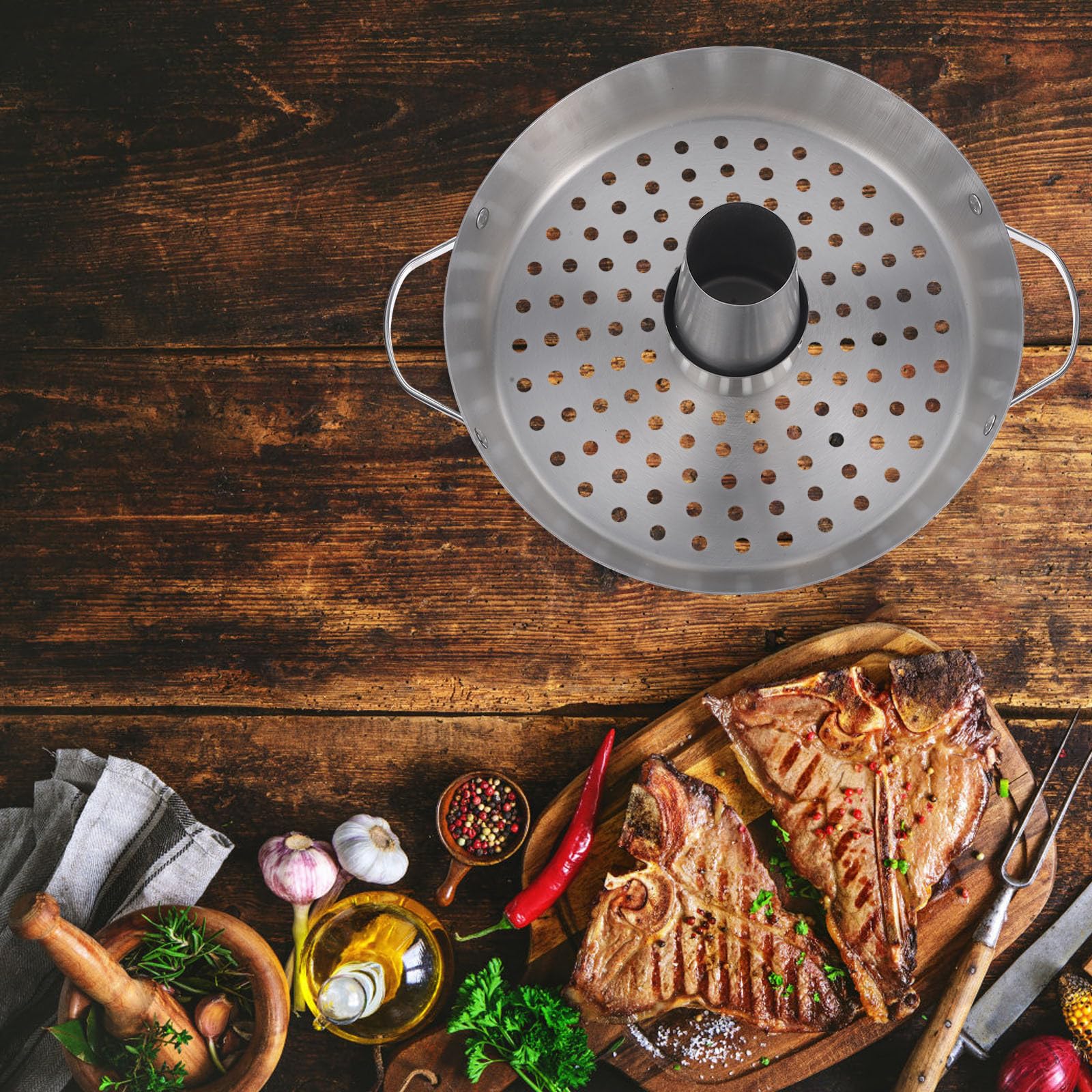 FOMIYES Soporte para Asar Pollos de Acero Inoxidable Bandeja Desmontable para Parrilla, Estable y Fácil de Limpiar, Adecuado para Camping y Barbacoas al Aire Libre