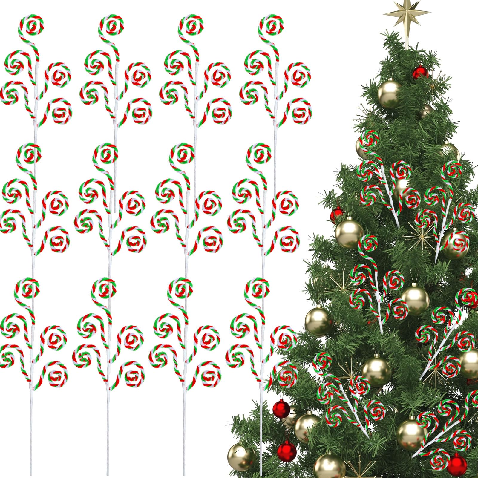 Gerrii 16 Inch Red White Green Christmas Tree Picks Decoration Candy Cane Woolen Bells Curly Pick Lollipop Large for Xmas Tree Topper Decor Vase Filler Craft Wreath Holiday Party Ornament (12 Pcs)