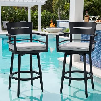 NICESOUL Aluminum Outdoor Swivel Bar Stools Set of 2, Modern Luxury 30 Inch Counter Height Bar Stool with Back, Tapered Legs Chairs with Cushion for Patio Porch Backyard, Ember Black
