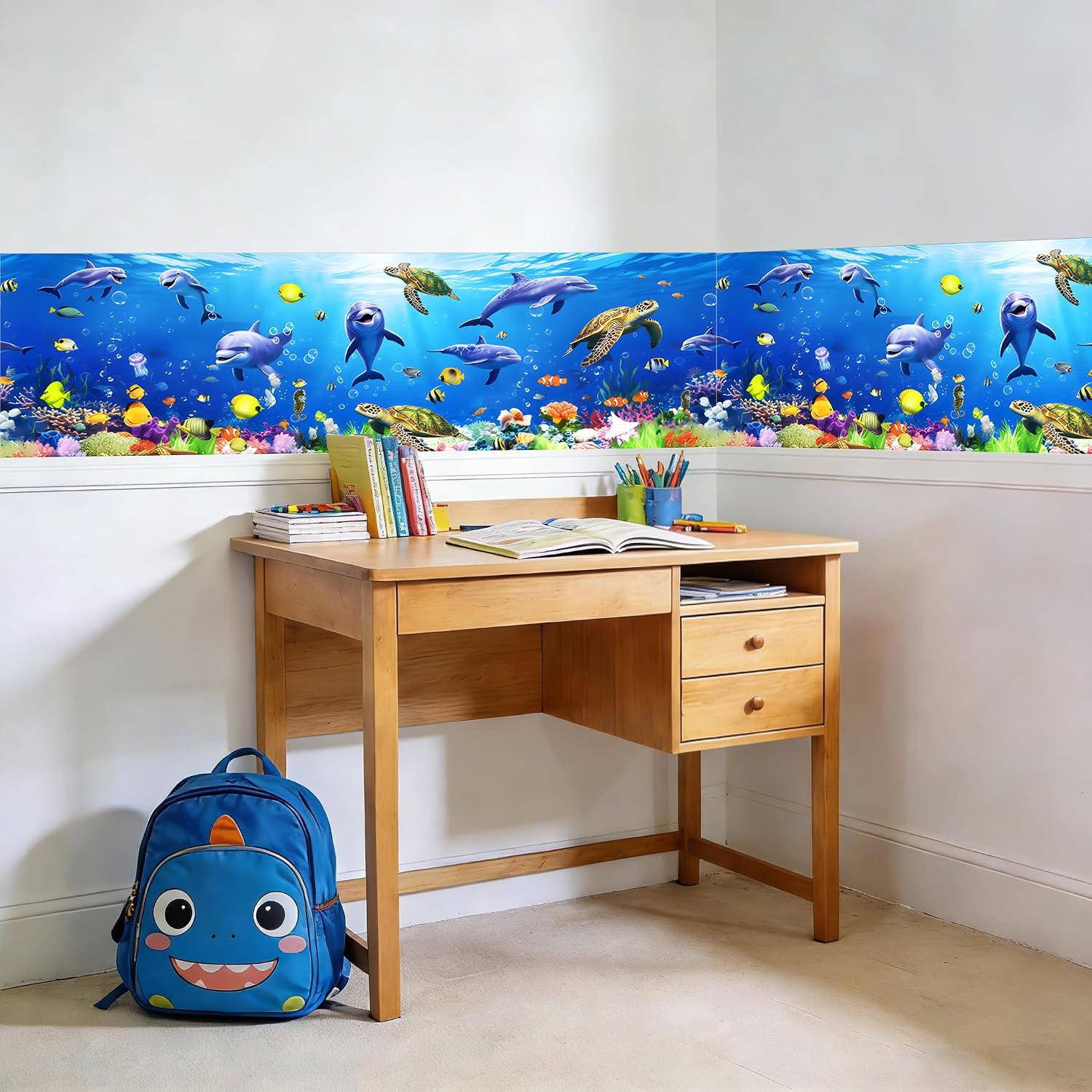 PLIGREAT 3 Sheets 3D Under The Sea World Wall Decals, Dolphins Coral Wall Stickers Removable Vinly Ocean Animal Mural Stickers for Bathroom Nursery Wall Corner Home Room Border DIY Decor