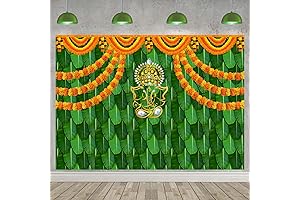 India Pooja Traditional Marigold Green Banana Leaf Backdrop for Pictures
