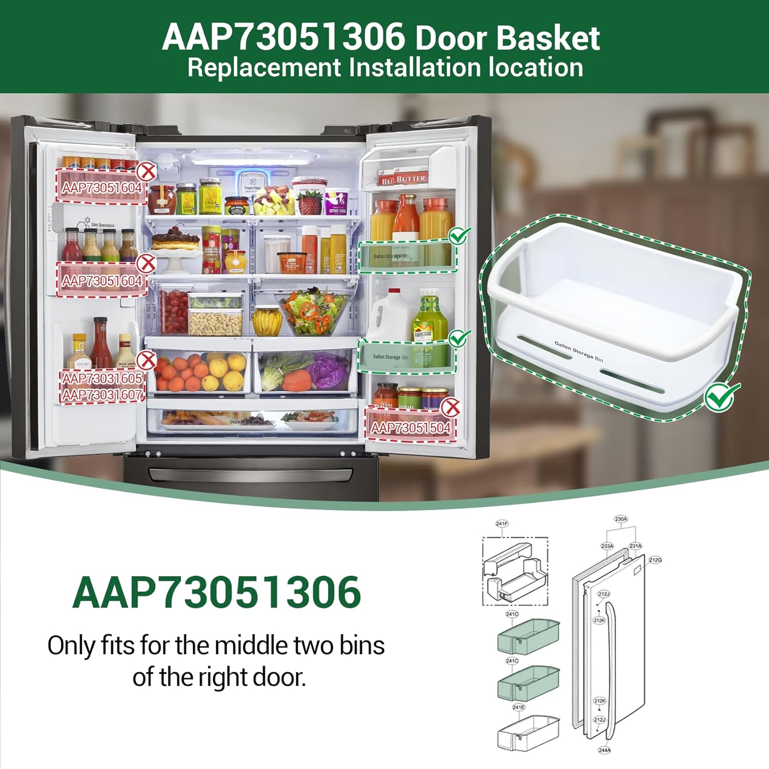 AAP73051306 Door Shelf Bin Compatible with lg Refrigerator: LFXS24623B, LFXS24623D, LFXS24623S, LFXS24623W etc, Door Basket Assembly AAP73051307, AP5973633, PS11706738, EAP11706738, MAN619485, 3380154