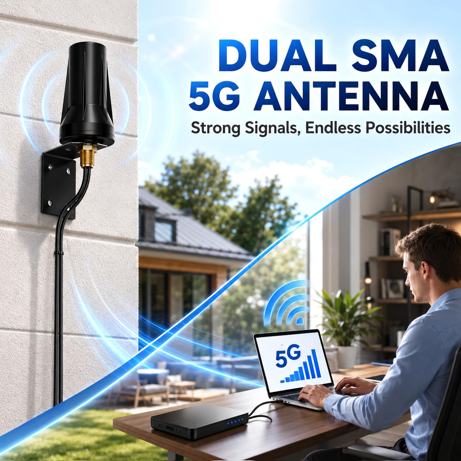 Antenne MIMO 5G LTE pour extérieur, 600-6000 MHz, bande complète, omnidirectionnelle, 5 dBi avec 2 câbles BMR100 de 5 m, compatible avec adaptateur SMA, double antenne pour routeur, amplification du