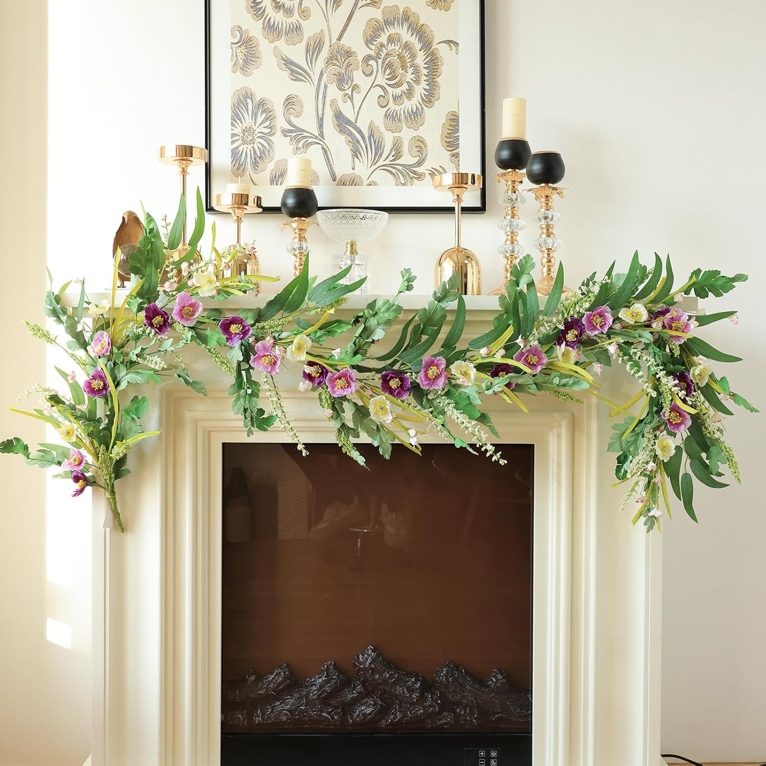 Mizii Purple Artificial Flower Garland 6FT Fake Poppy Floral Garland Hanging Vines Spring Summer Flowers Decorations for Mantle Table Centerpieces Room Wall Fireplace Wedding Decor (Purple) - Image 3