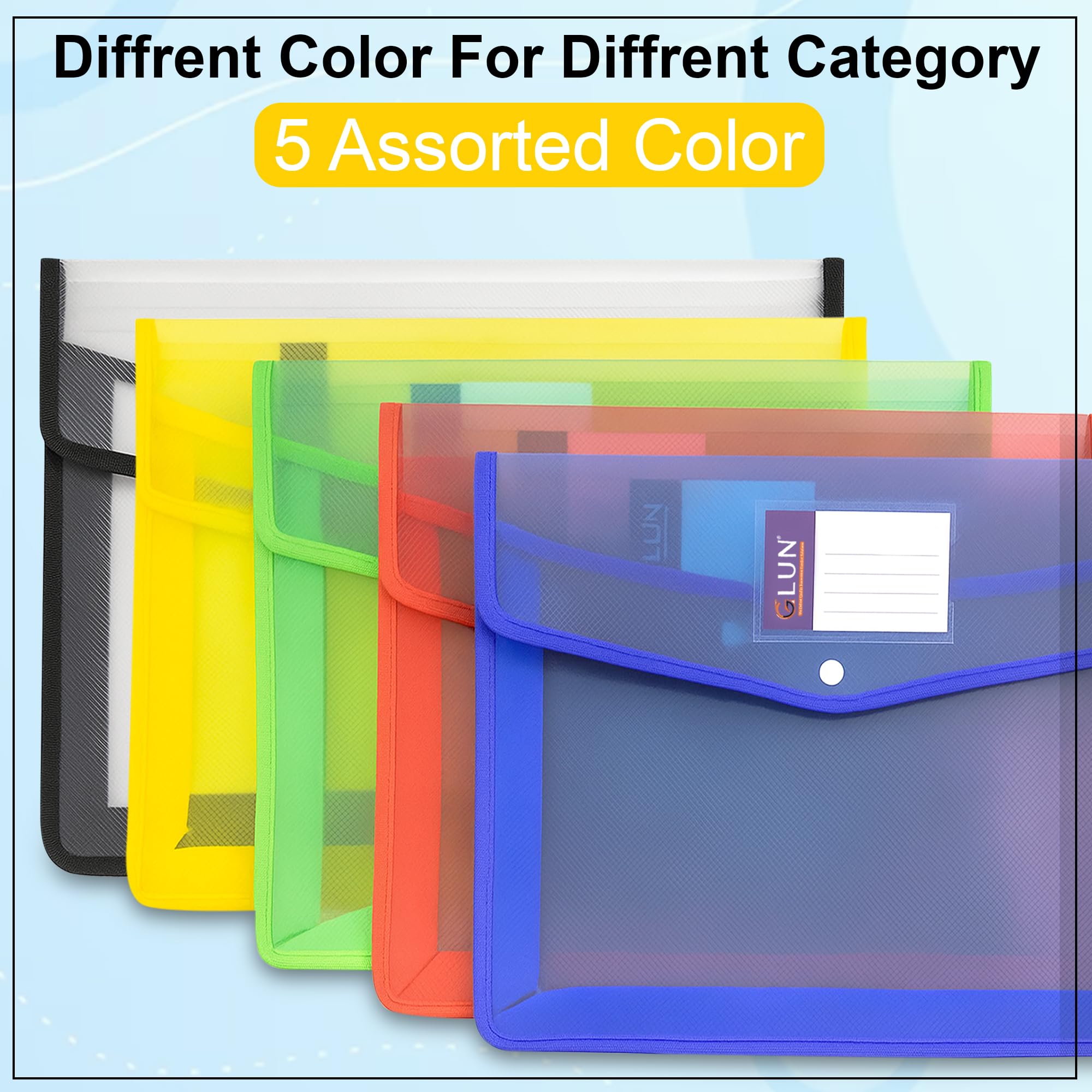 GLUN® Pack 5 File Folder A4 Bag Multicolour Cover with Strong Stitch with Handle, Documents File Storage Bag with Snap Button 3