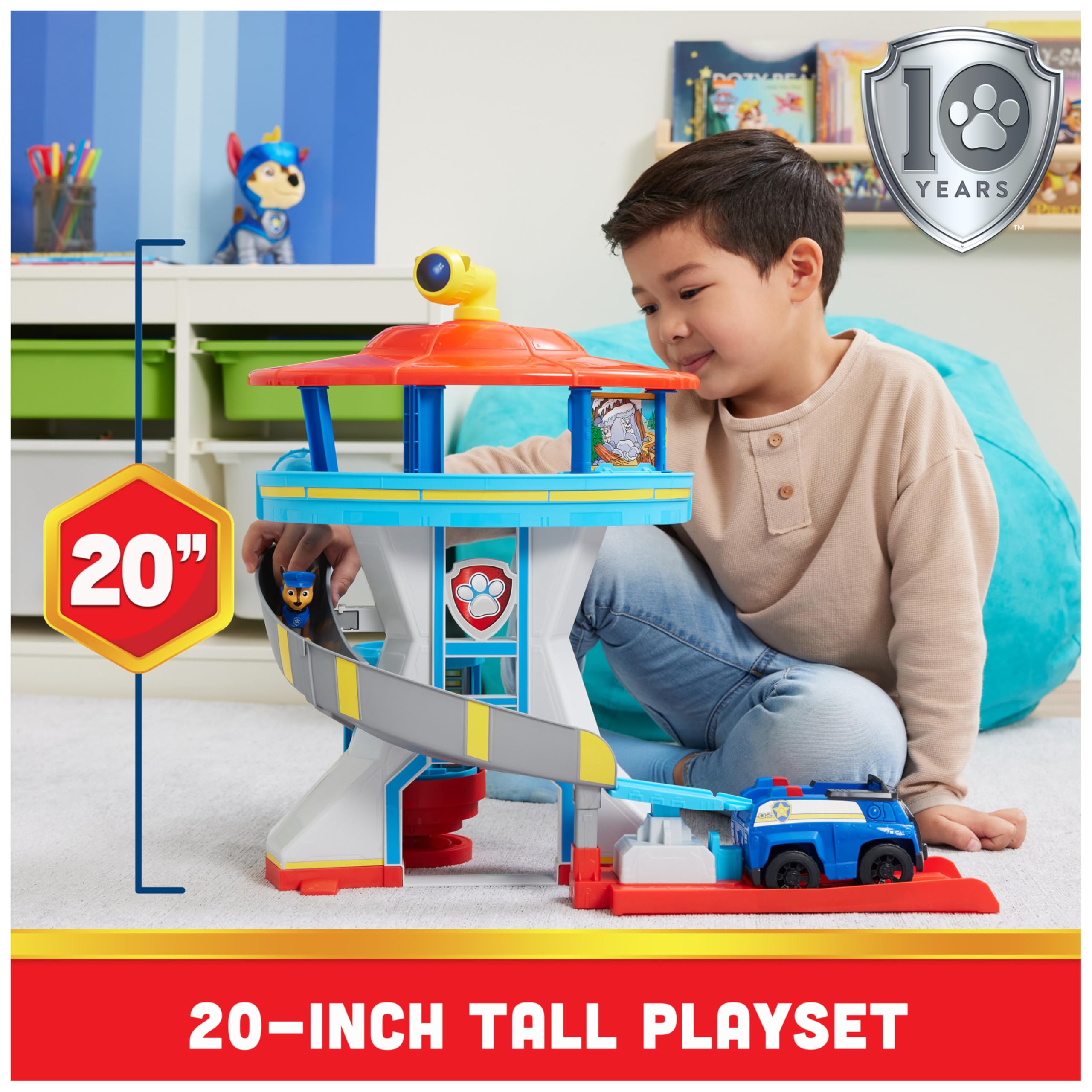 Set di gioco Torre di controllo PAW Patrol con propulsore per auto giocattolo, 2 action figure di Chase, auto di pattuglia di Chase e accessori, giocattoli per bambini da 3 anni in su