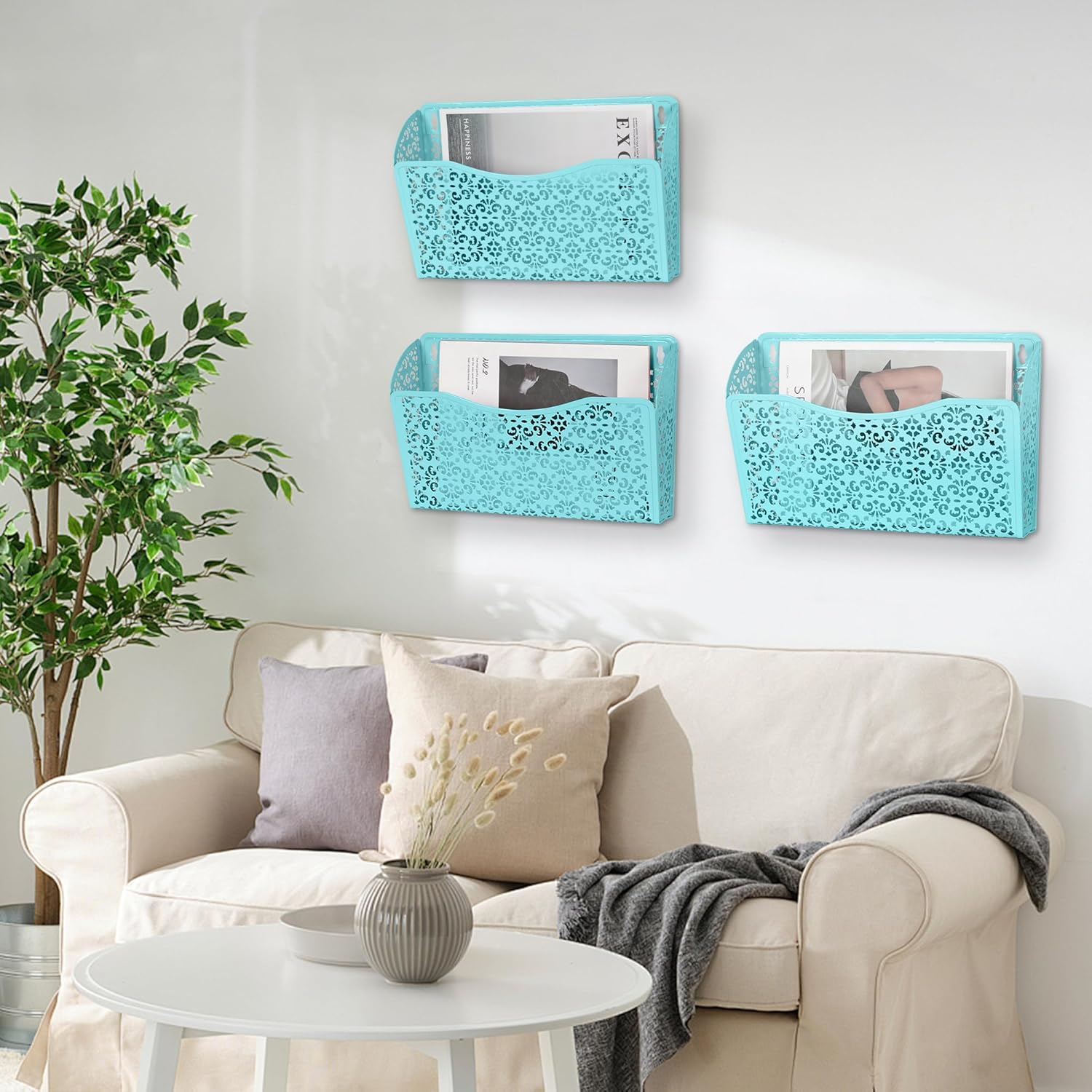 EasyPAG 3 Single Wall Mount File Organizer Vertical Metal Wall Pocket File Holder for Office, Home, School, Blue