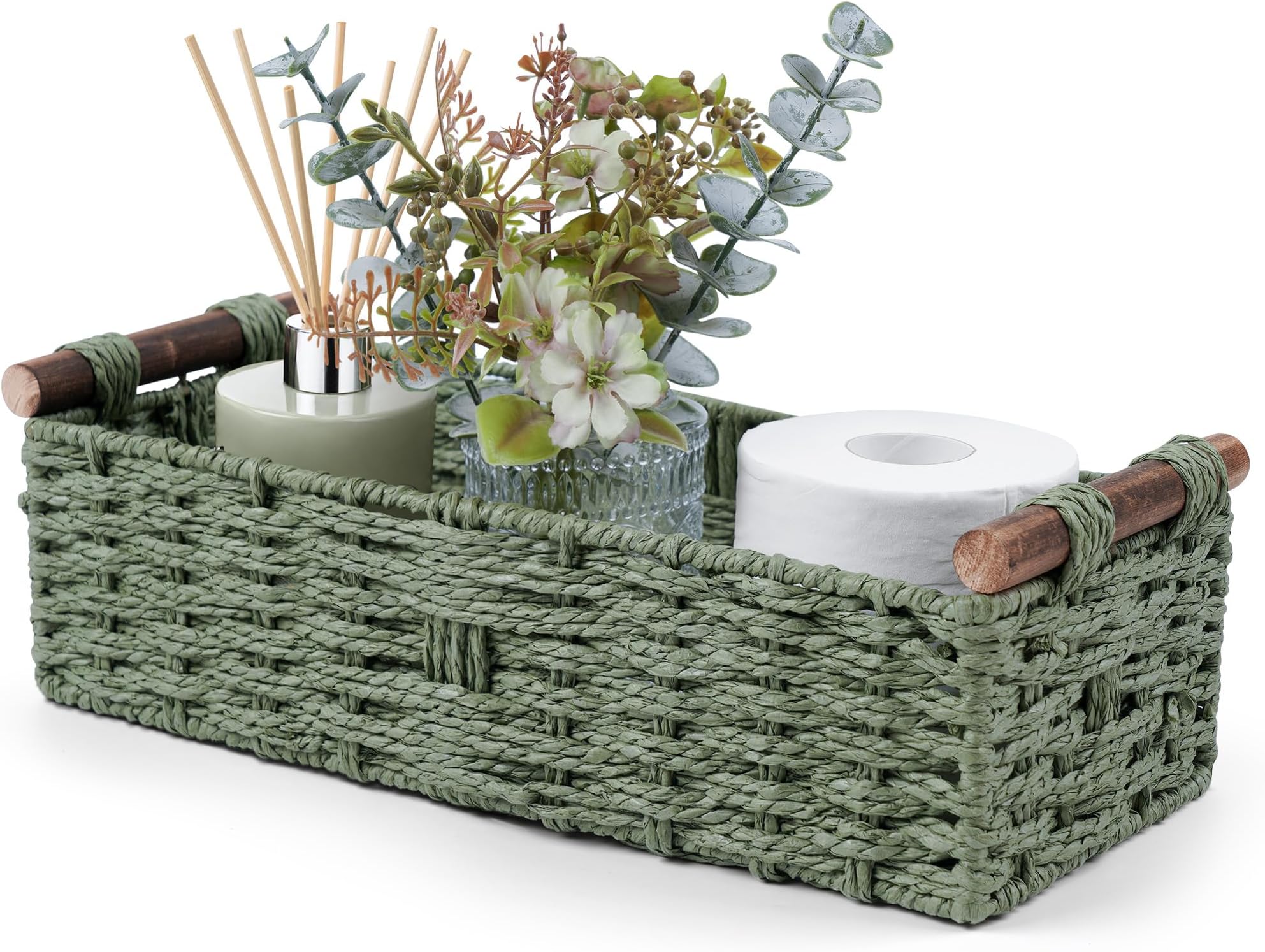 Round Paper Rope Storage Basket Wicker Baskets for Organizing with Handle Decorative Storage Bins for Countertop Toilet Paper Basket for Toilet Tank Top Small Baskets Set,Green | with Handle for Bedroom Home Decor and Shelves Apartment Countertop Use,Green