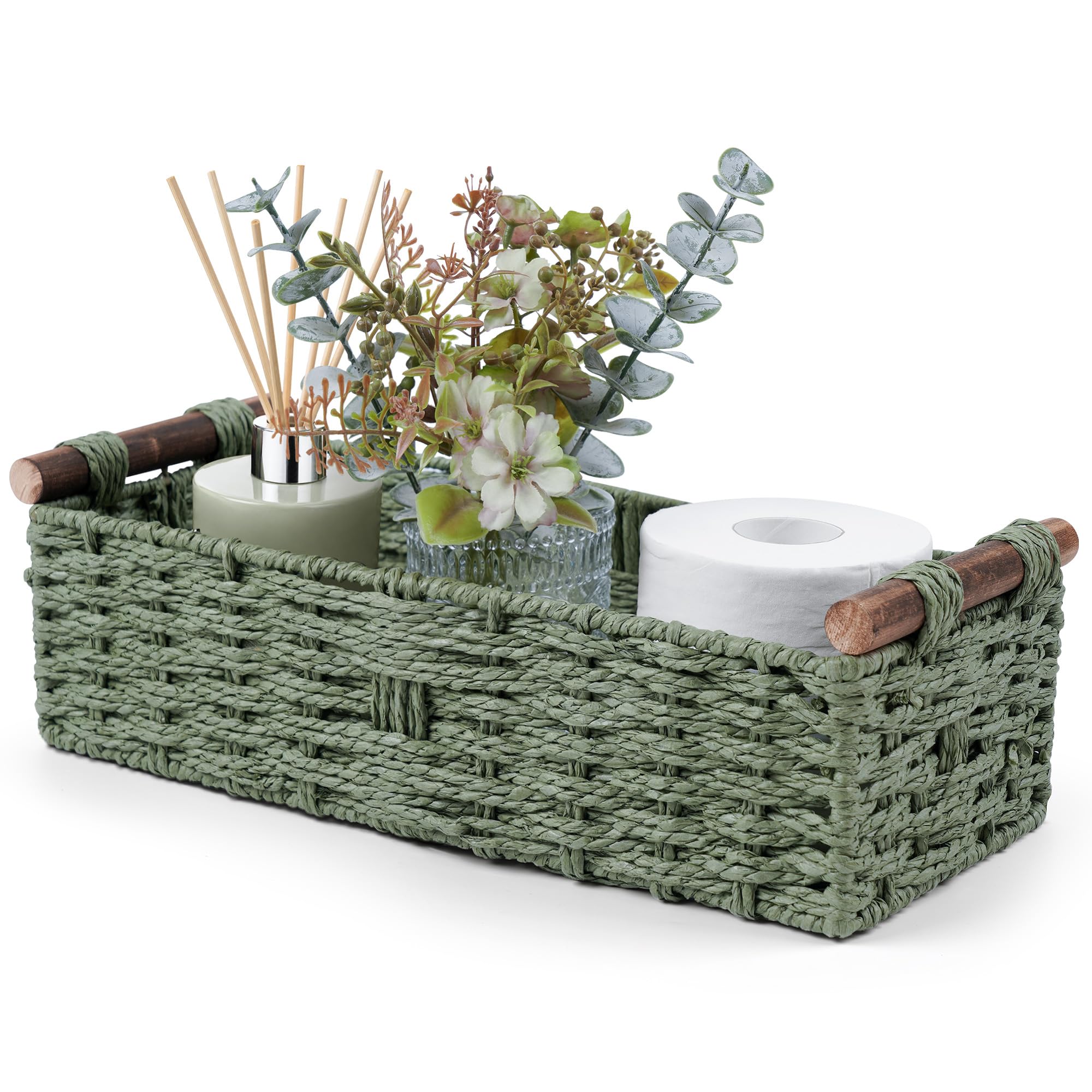 Round Paper Rope Storage Basket Wicker Baskets for Organizing with Handle Decorative Storage Bins for Countertop Toilet Paper Basket for Toilet Tank Top Small Baskets Set,Green