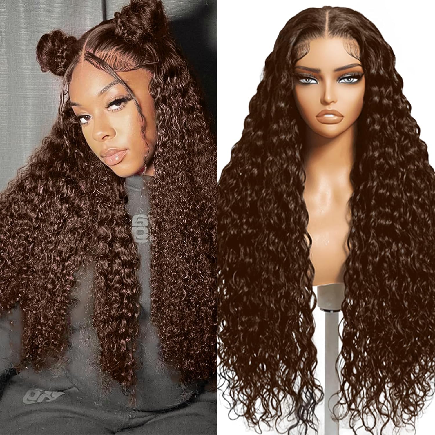 Chocolate Brown 13x4 Lace Front Wigs Human Hair 150 Density Deep Wave HD Lace Front Wigs 4# Curly Glueless Wigs Pre Plucked 13x4 Frontal Human Hair Wigs for Women (28 Inch)