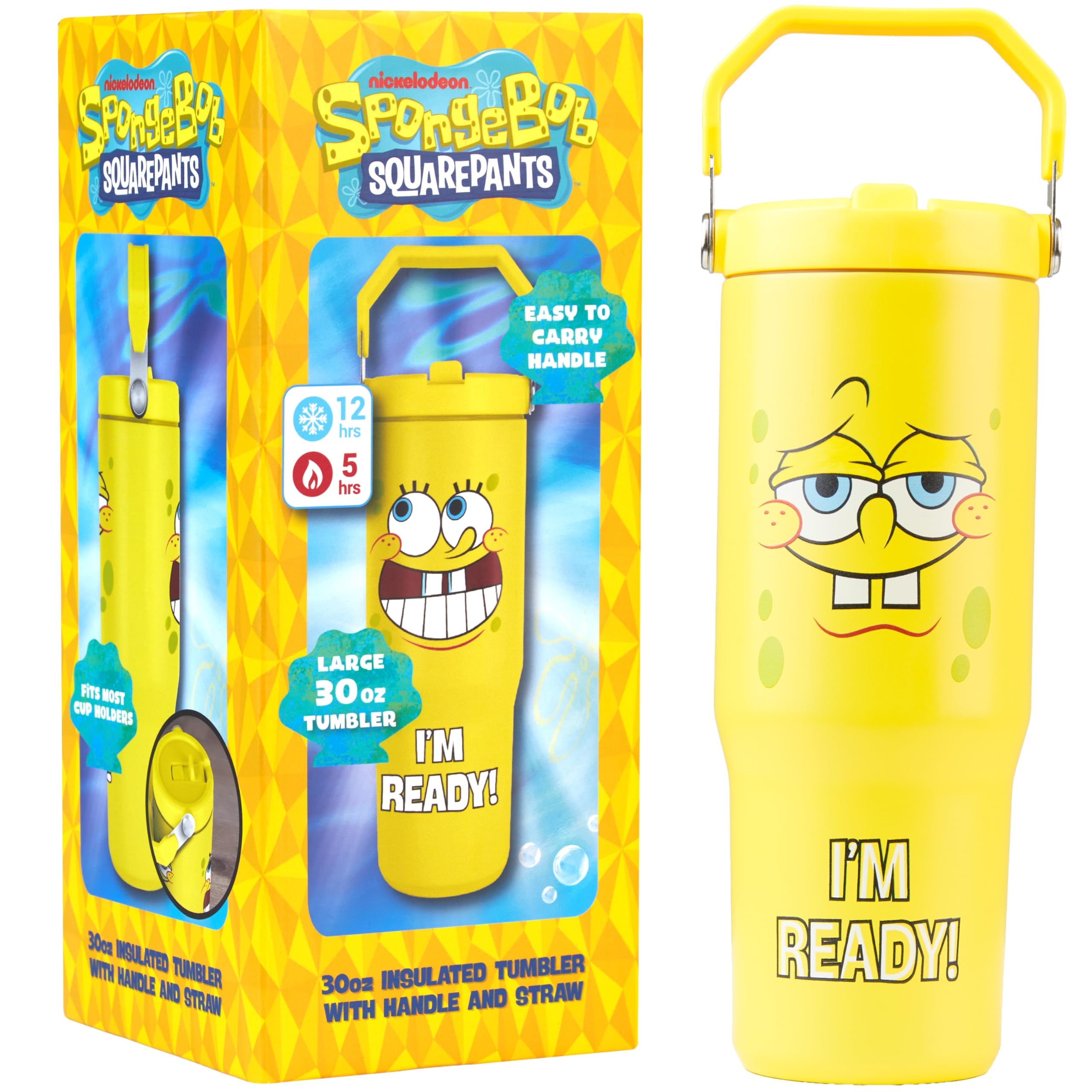 Get Trend SpongeBob Squarepants Tazza Termica con Manico e Cannuccia 850ml, Borraccia Termica Acciaio Inox Doppia Parete Senza BPA, Mantiene Freddo 12h e Caldo 5h (Giallo SpongeBob)