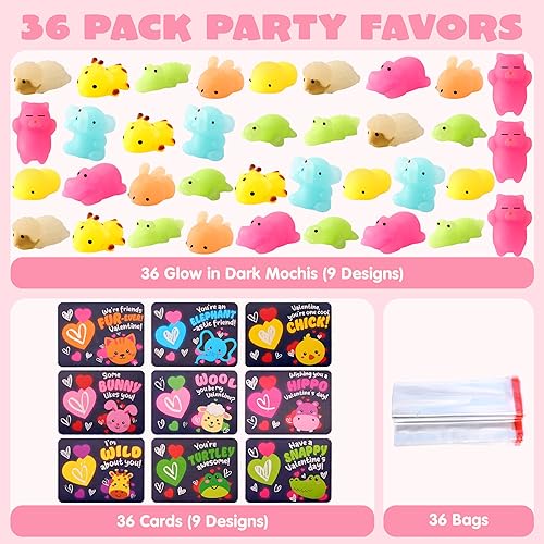 Miniatura 3 de JOYIN 36 paquetes de tarjetas de regalo de 9 diseños para el día de San Valentín con juguetes esponjosos Mochi que brillan en la oscuridad, juguetes