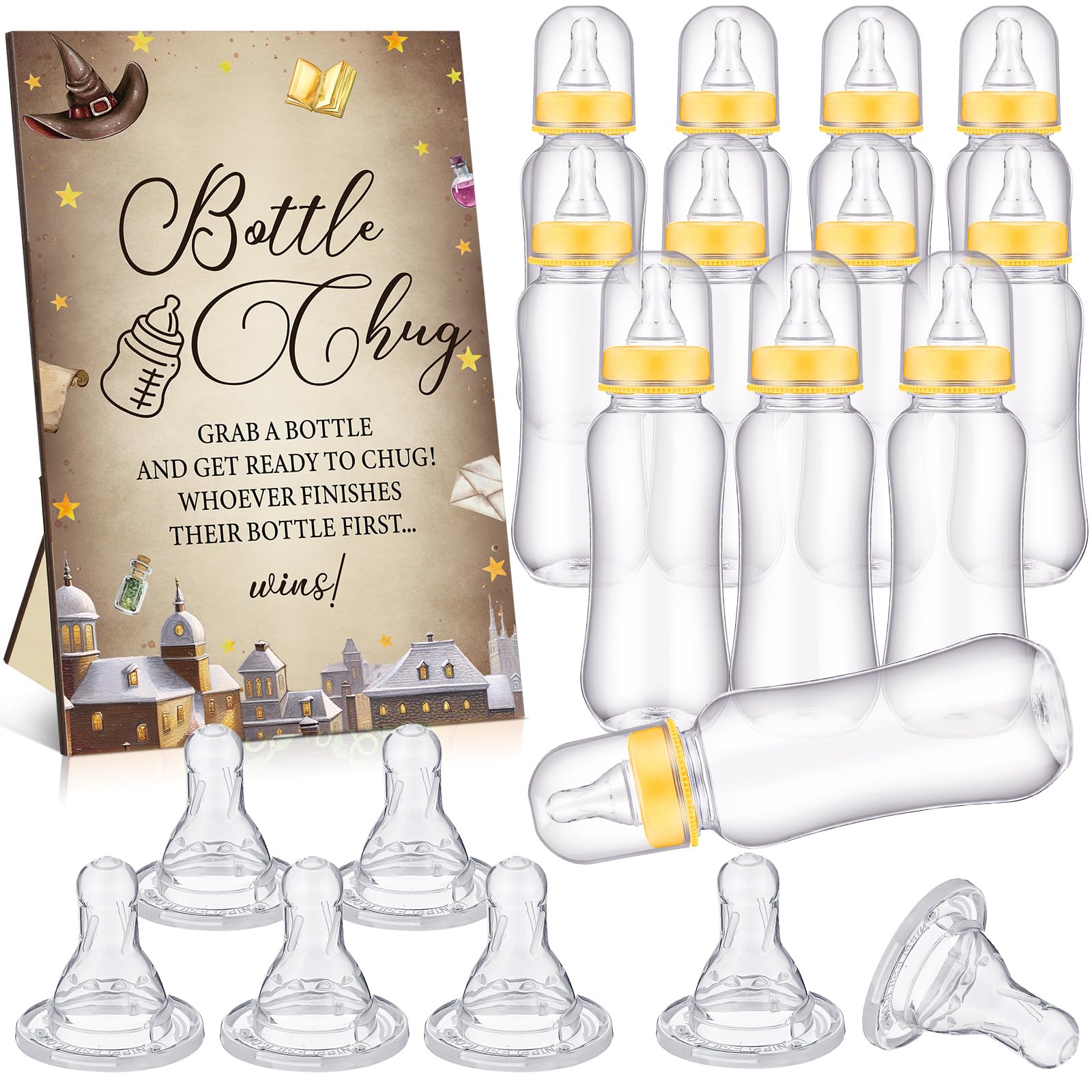 TrelaCo Cool Baby Shower Games Bottle Chug Sign and 12 Pcs Baby Bottle Shower Favor for Games Gender Reveal(Dark Color,Magical Wizard)