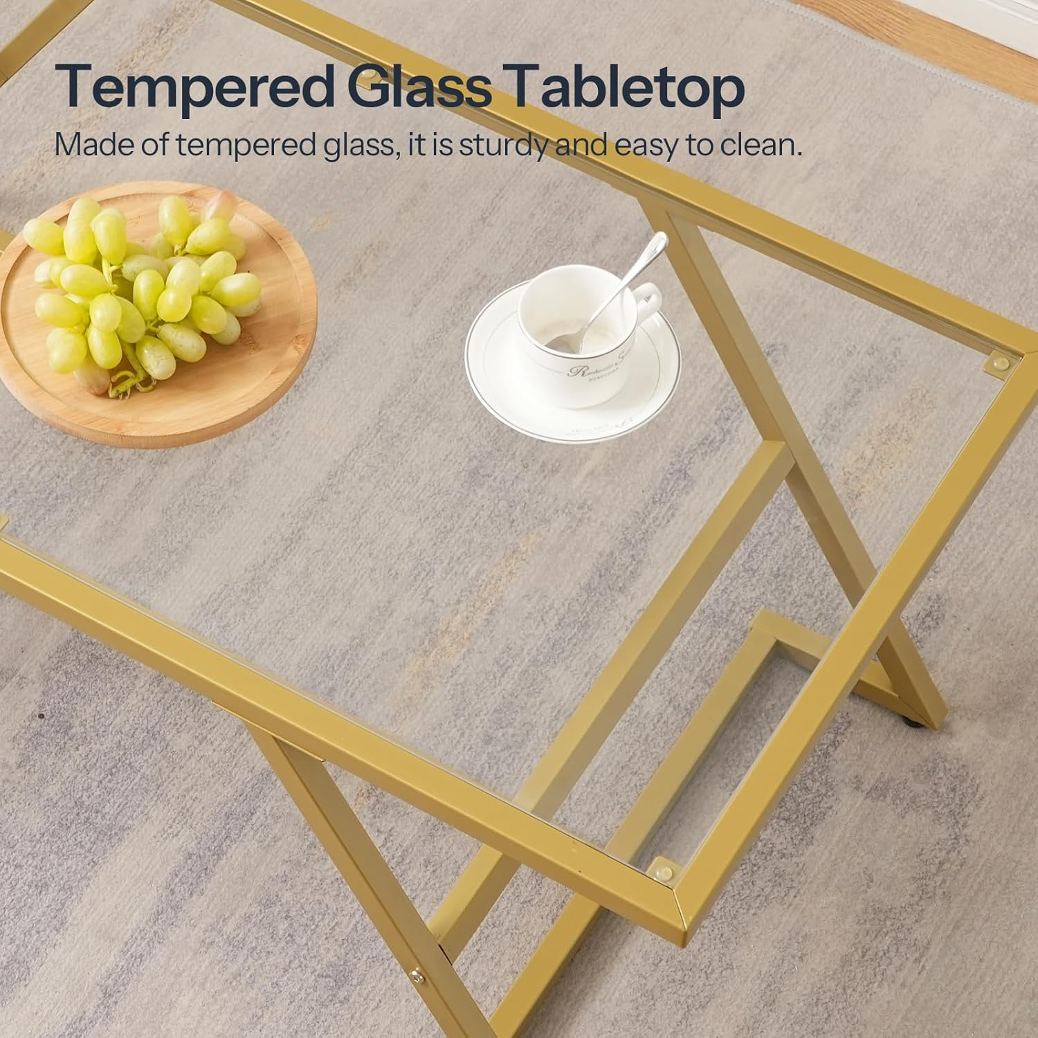 HOOBRO Coffee Table, Rectangular Gold Coffee Table, Modern Glass Center Table, 2-Tier Center Tea Tables with Metal Frame for Living Room, Home Office, Gold GD11KF01