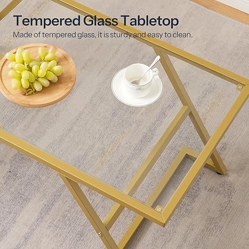 Miniatura 6 de HOOBRO Mesa auxiliar, mesa de centro rectangular dorada, mesa central de cristal moderna, mesas de té centrales de 2 niveles con marco de metal para