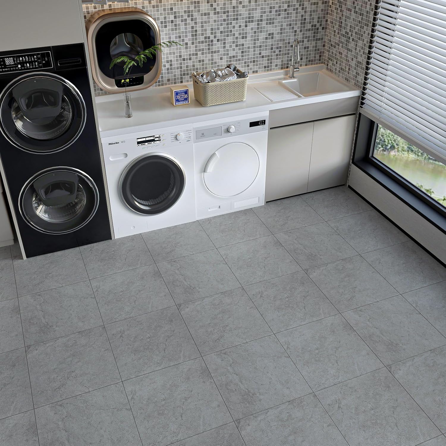 VaryStyle 18-Pack Floor Tiles Peel and Stick Waterproof Flooring Vinyl Floor Tiles 12"x12" Classic Grey Concrete Removable Self Adhesive Thick Stick on Tile for Kitchen Basement Bedroom Flooring