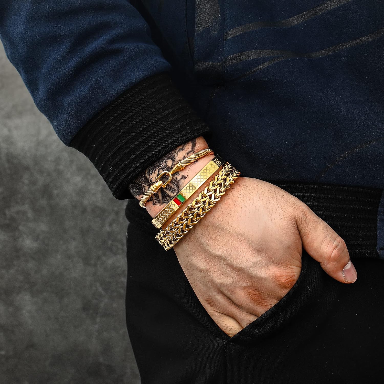 WFYOU 3PCS Stainless Steel Bracelets for Men Gold Roman Numeral Bangle Bracelet Twisted Cable Bracelet Adjustable Cuff Bracelet Mens Luxury Jewelry Bracelets Gifts - Image 2