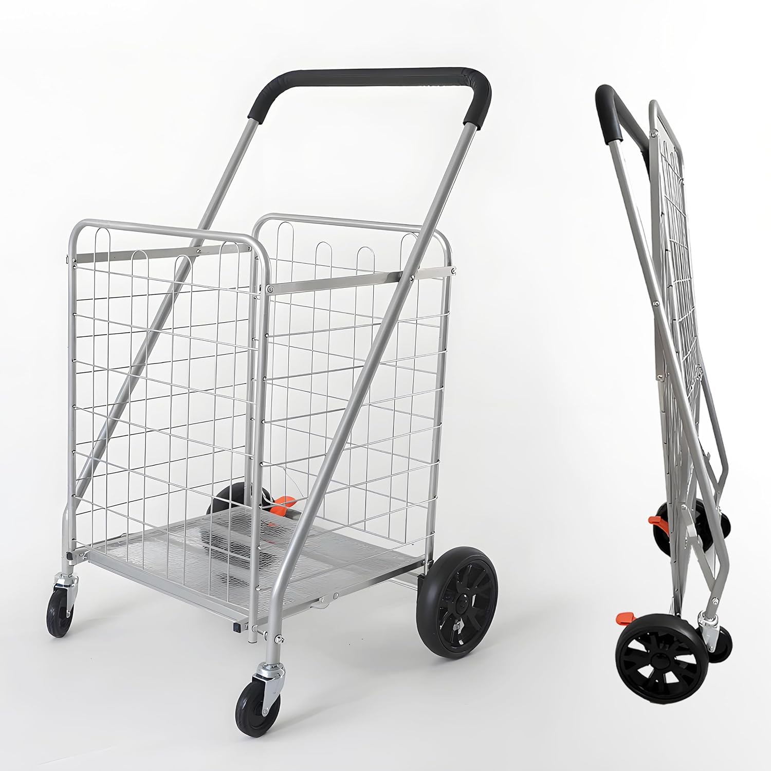 Folding Shopping Cart with Brake - 200 lbs Load Capacity, Lightweight & Sturdy Collapsible Grocery Trolley with 360° Swivel Rubber Wheels, Foldable Cart with Removable Bag for Shopping - Silver