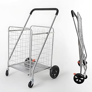 Folding Shopping Cart with Brake - 200 lbs Load Capacity, Lightweight & Sturdy Collapsible Grocery Trolley with 360° Swivel Rubber Wheels, Foldable Cart with Removable Bag for Shopping - Silver